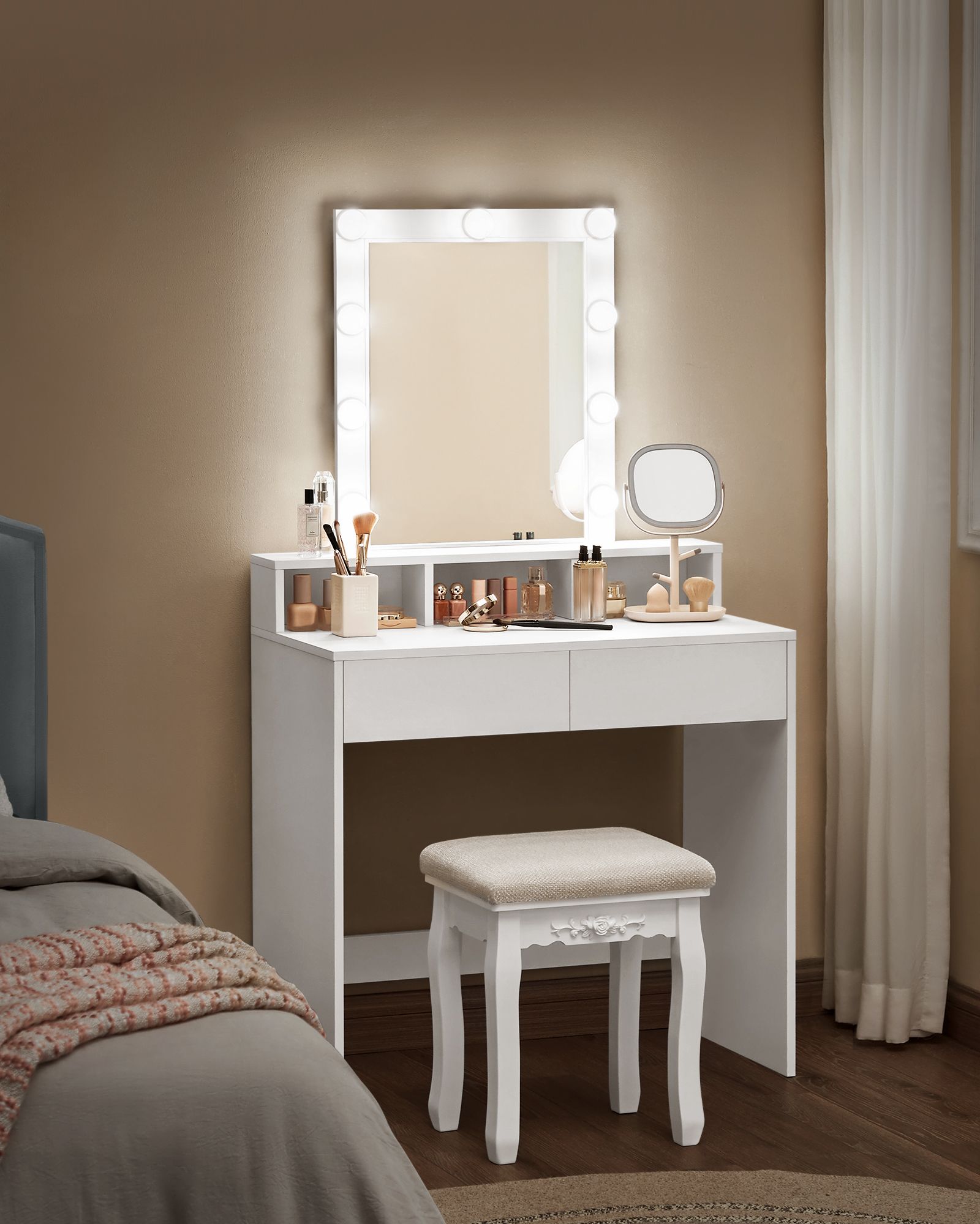 RDT114W01 Dressing Table with Mirror and Bulbs, Cosmetic Table with 2 Drawers and 3 Open Compartments, Dressing Table for Makeup, Modern, White - Image 2