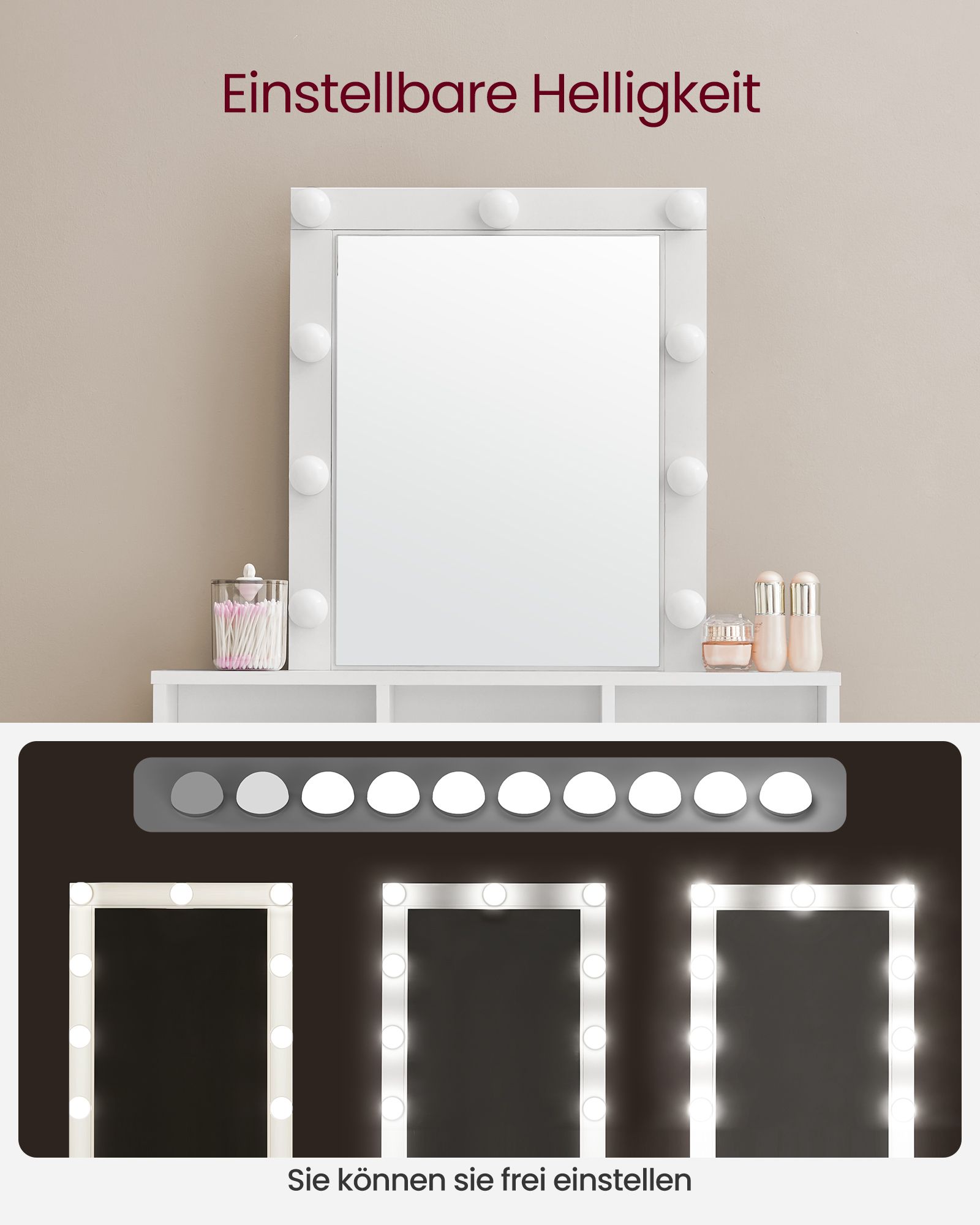RDT114W01 Dressing Table with Mirror and Bulbs, Cosmetic Table with 2 Drawers and 3 Open Compartments, Dressing Table for Makeup, Modern, White - Image 3