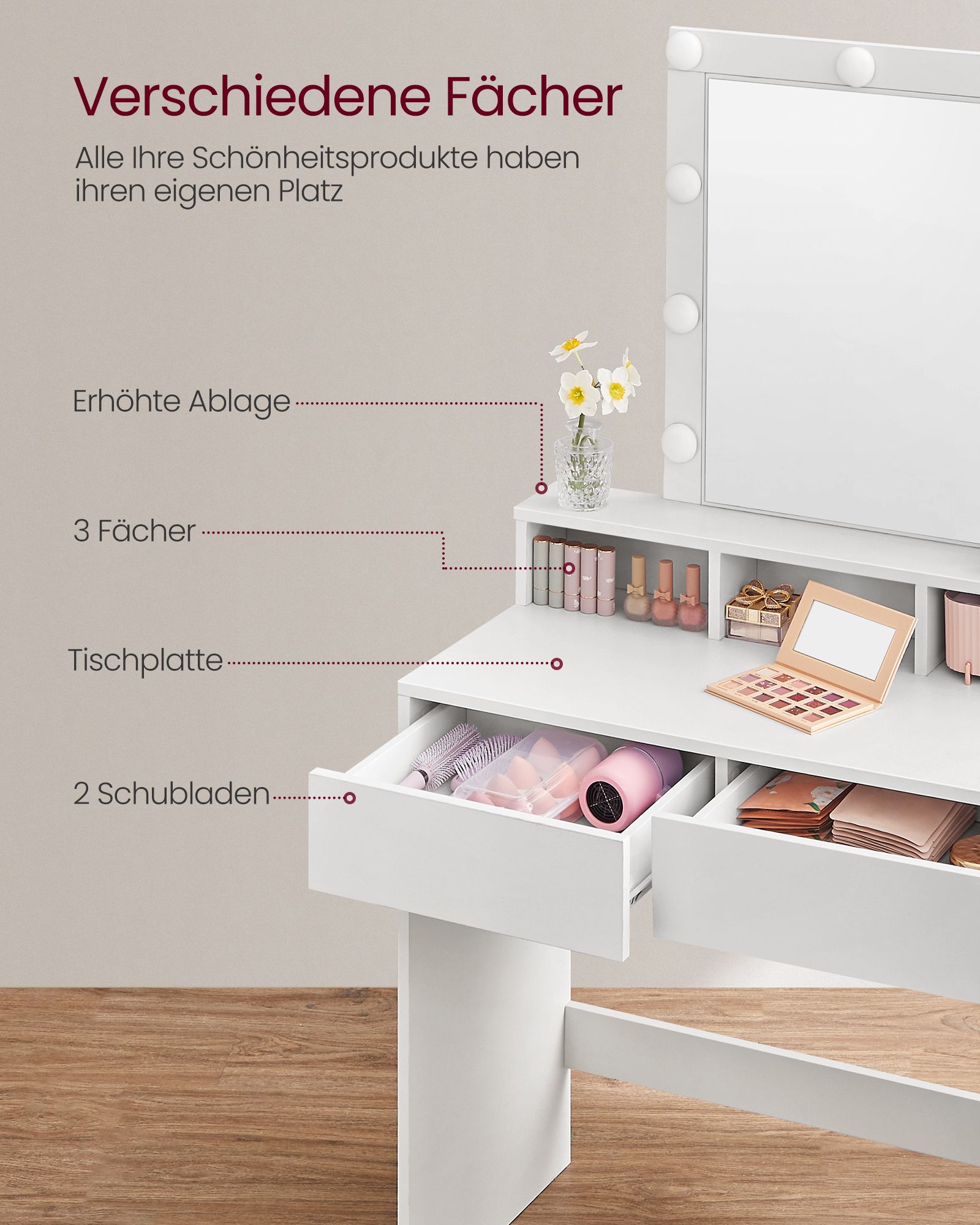 RDT114W01 Dressing Table with Mirror and Bulbs, Cosmetic Table with 2 Drawers and 3 Open Compartments, Dressing Table for Makeup, Modern, White - Image 4