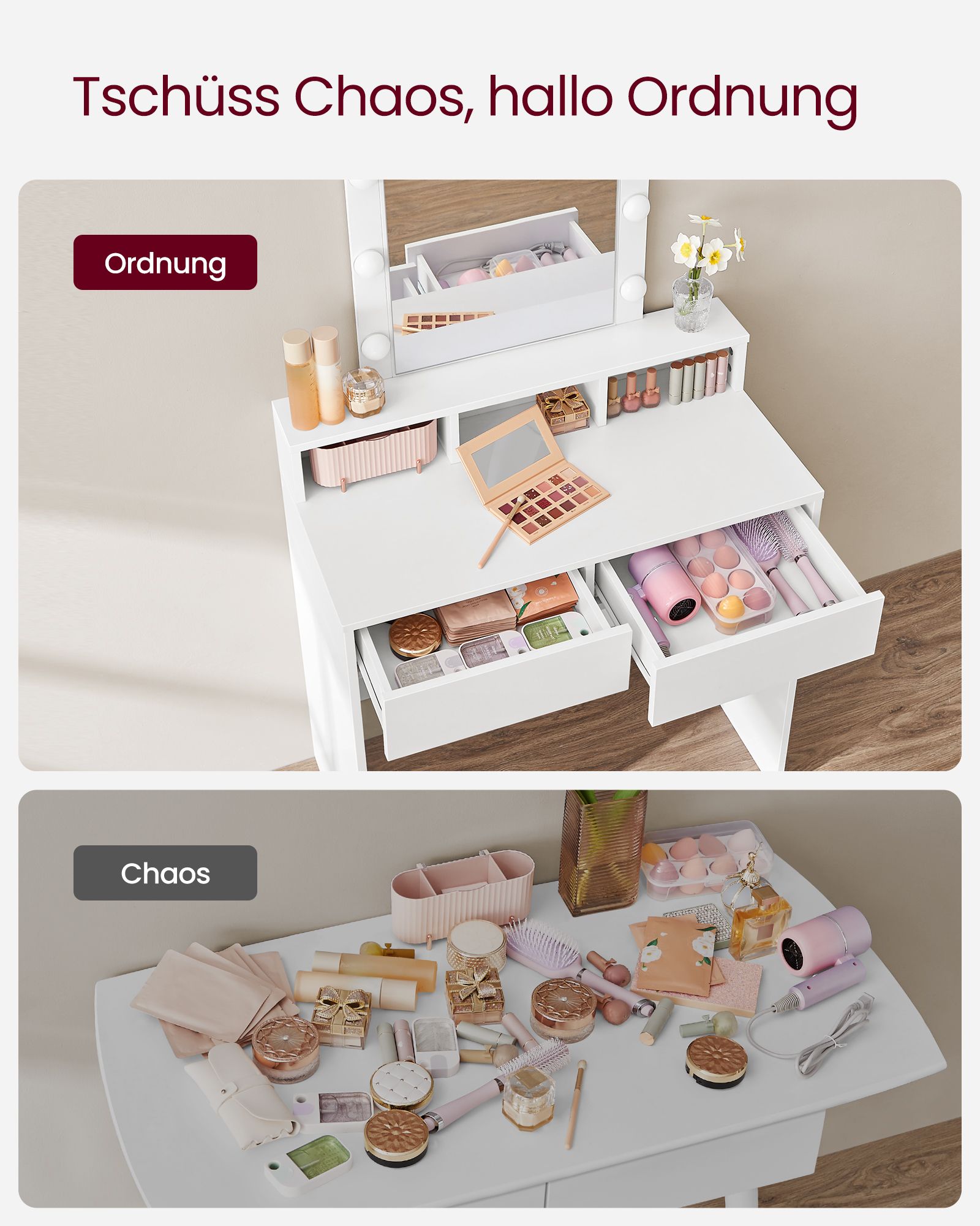 RDT114W01 Dressing Table with Mirror and Bulbs, Cosmetic Table with 2 Drawers and 3 Open Compartments, Dressing Table for Makeup, Modern, White - Image 5