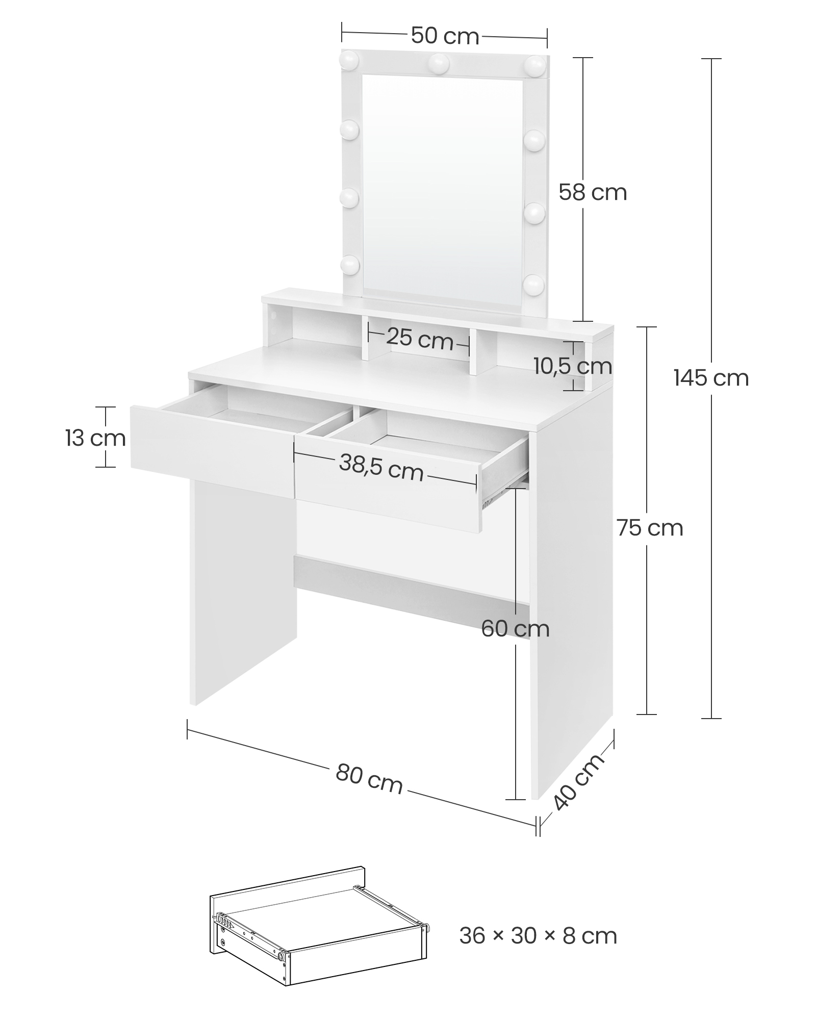 RDT114W01 Dressing Table with Mirror and Bulbs, Cosmetic Table with 2 Drawers and 3 Open Compartments, Dressing Table for Makeup, Modern, White - Image 6