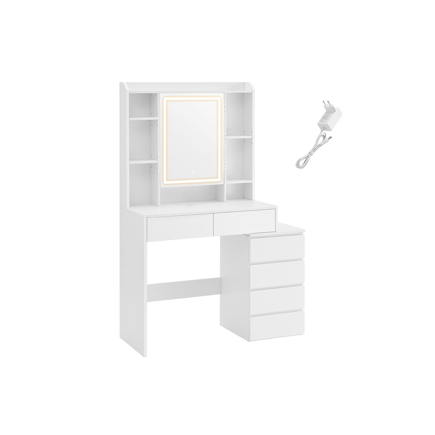 LED-belysning Sminkebord med justerbar lysstyrke Sminkebord med speil Kosmetikkbord med skuffer Åpne rom Justerbare hyller Moderne Cloud White RDT124W01