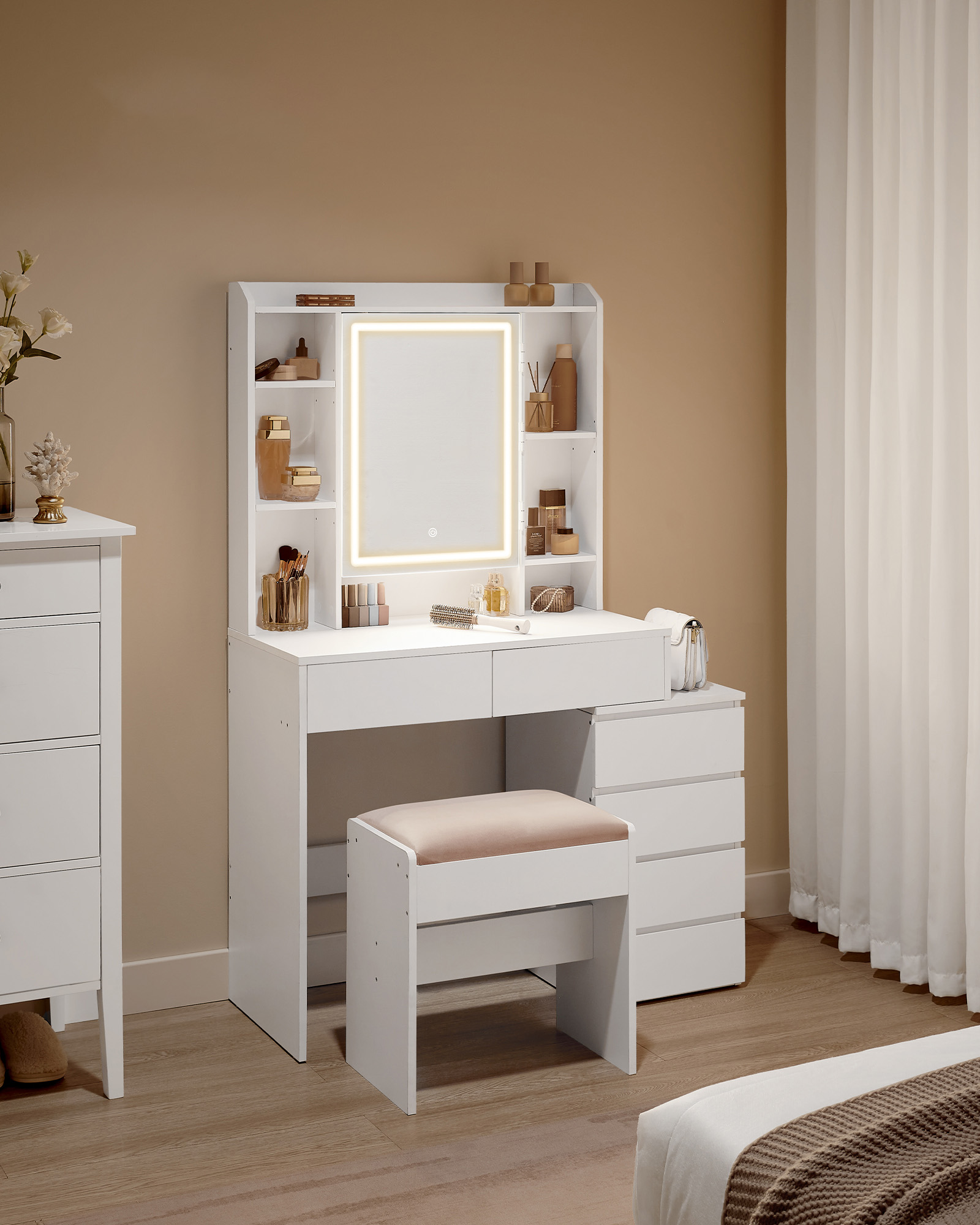 LED-belysning Sminkebord med justerbar lysstyrke Sminkebord med speil Kosmetikkbord med skuffer Åpne rom Justerbare hyller Moderne Cloud White RDT124W01 - Bilde 2