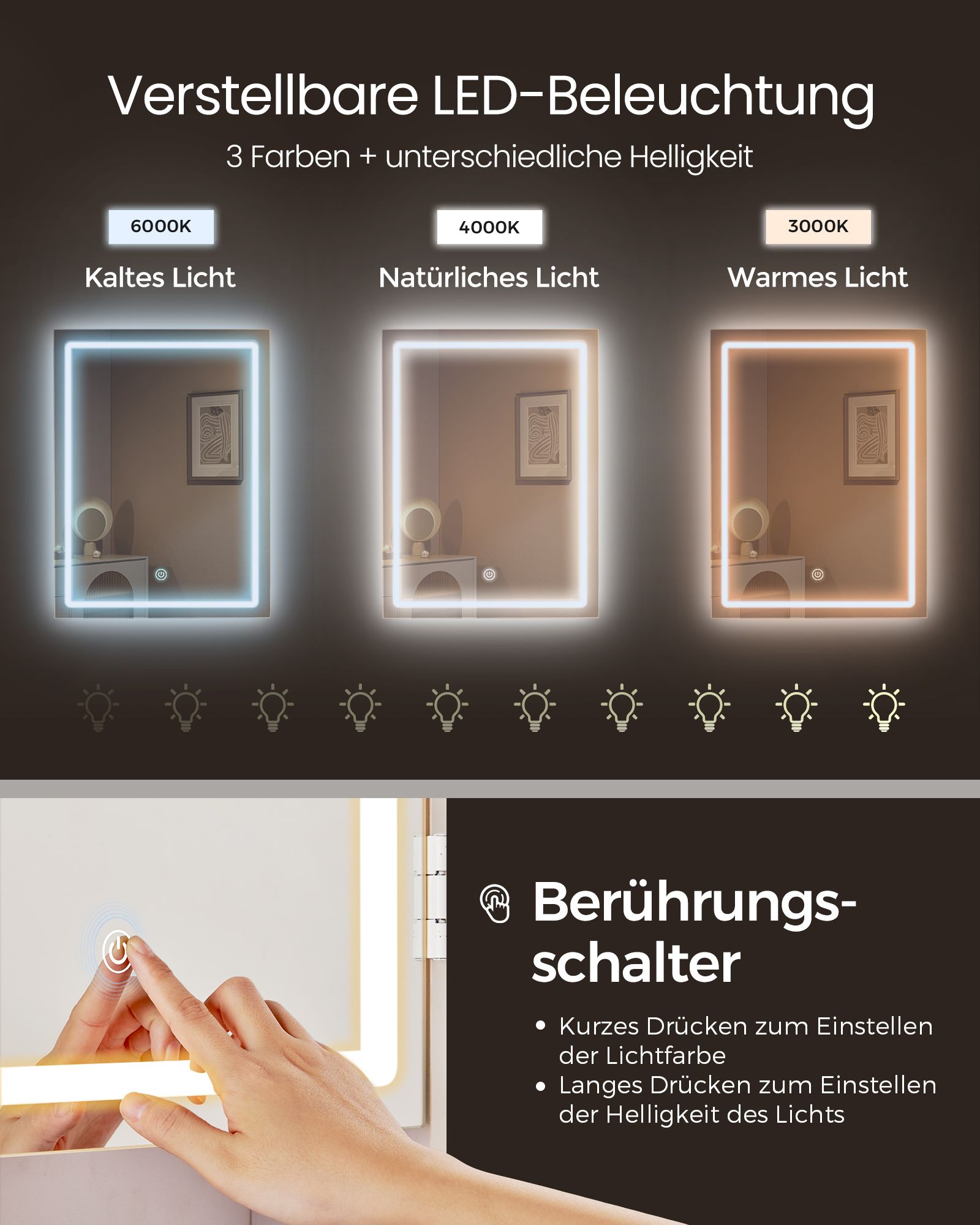 LED-belysning Sminkebord med justerbar lysstyrke Sminkebord med speil Kosmetikkbord med skuffer Åpne rom Justerbare hyller Moderne Cloud White RDT124W01 - Bilde 3