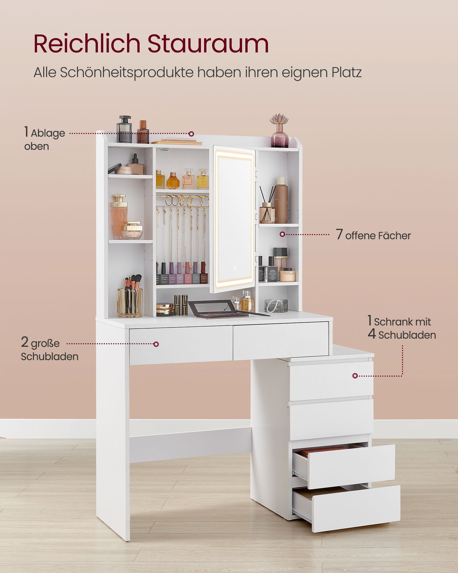 LED-belysning Sminkebord med justerbar lysstyrke Sminkebord med speil Kosmetikkbord med skuffer Åpne rom Justerbare hyller Moderne Cloud White RDT124W01 - Bilde 4