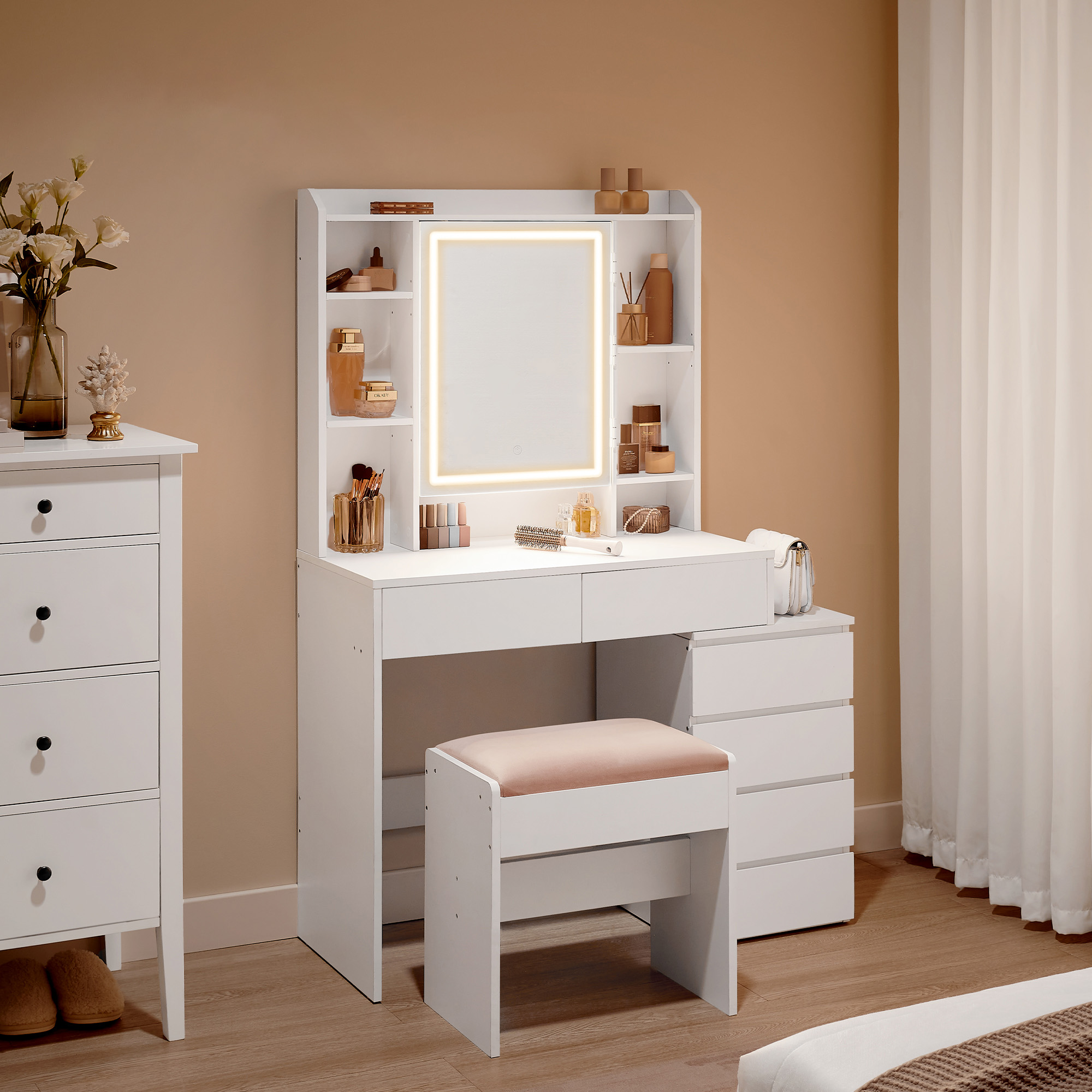 Dressing table with LED lighting modern cloud white - Image 2