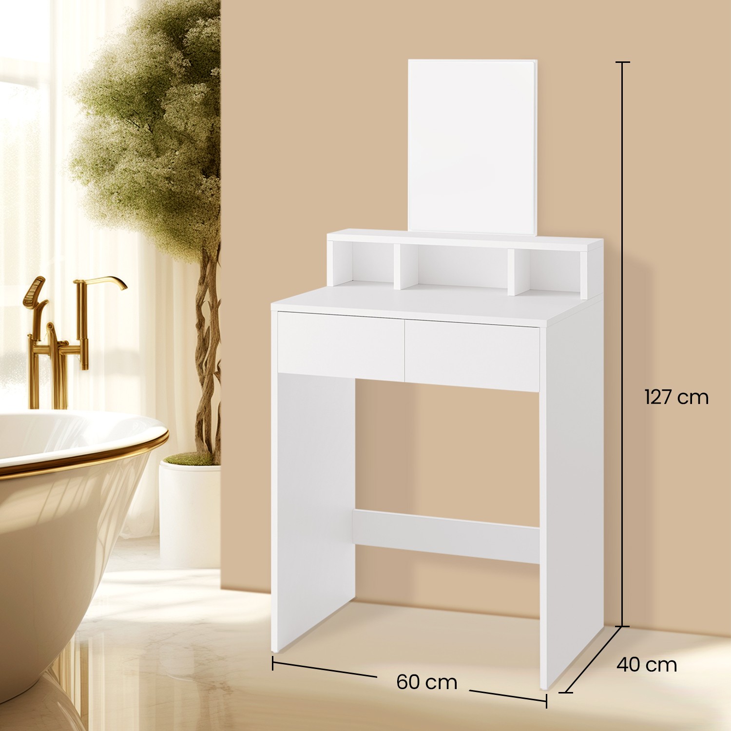 Toiletbord med stort spejl, sminkebord, 2 skuffer - Billede 3