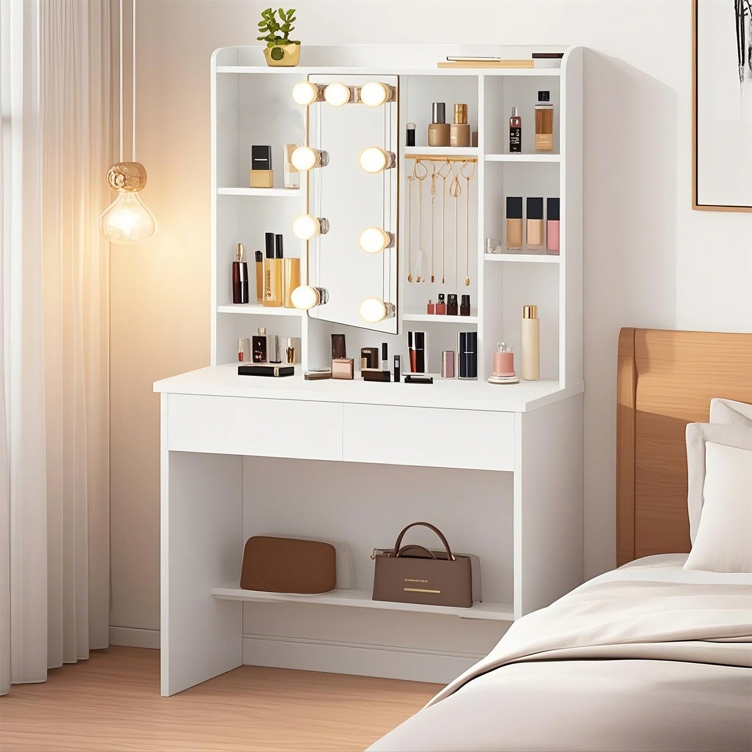 Toiletbord med LED-belysning, justerbare lysfarver og lysstyrke, toiletbord med spejl
