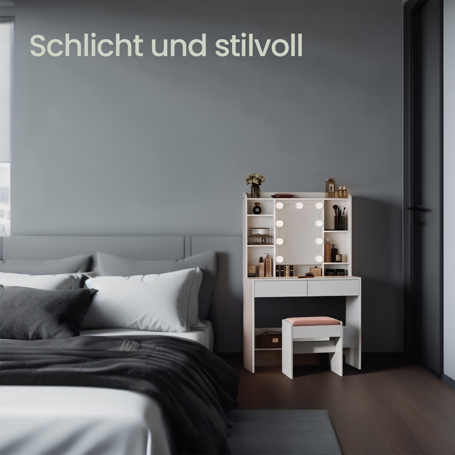 Toiletbord med LED-belysning, justerbare lysfarver og lysstyrke, toiletbord med spejl - Billede 3