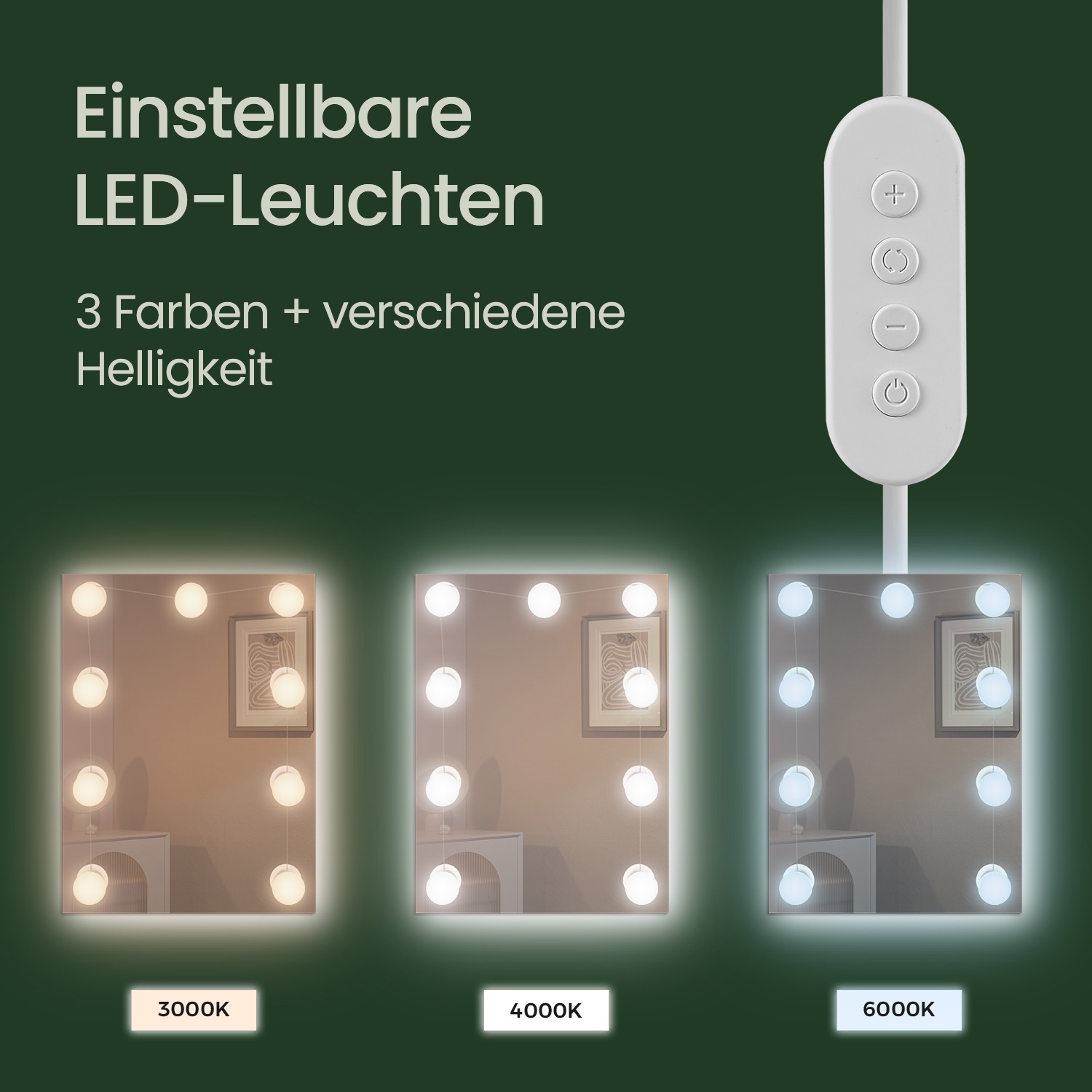 Toiletbord med LED-belysning, justerbare lysfarver og lysstyrke, toiletbord med spejl - Billede 5