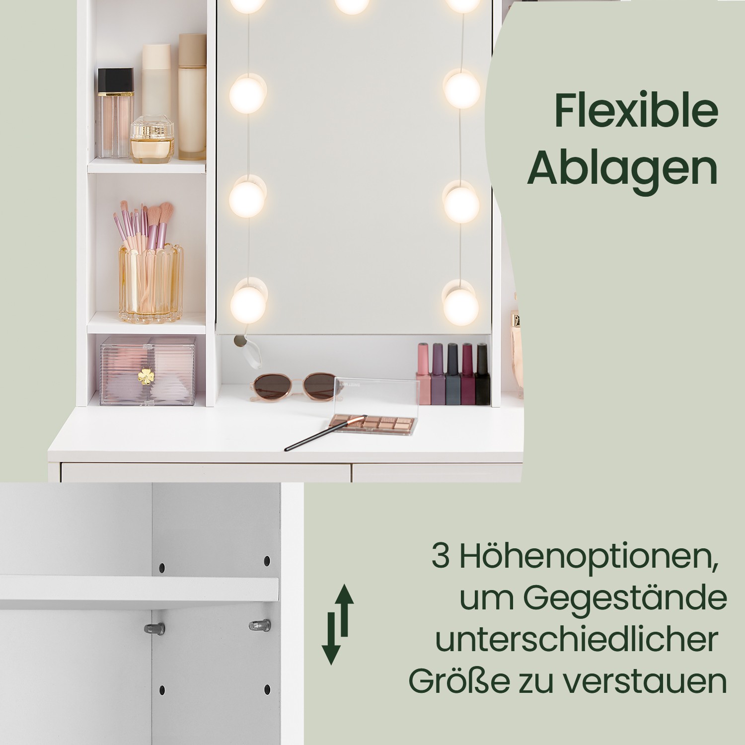 Toiletbord med LED-belysning, justerbare lysfarver og lysstyrke, toiletbord med spejl - Billede 6