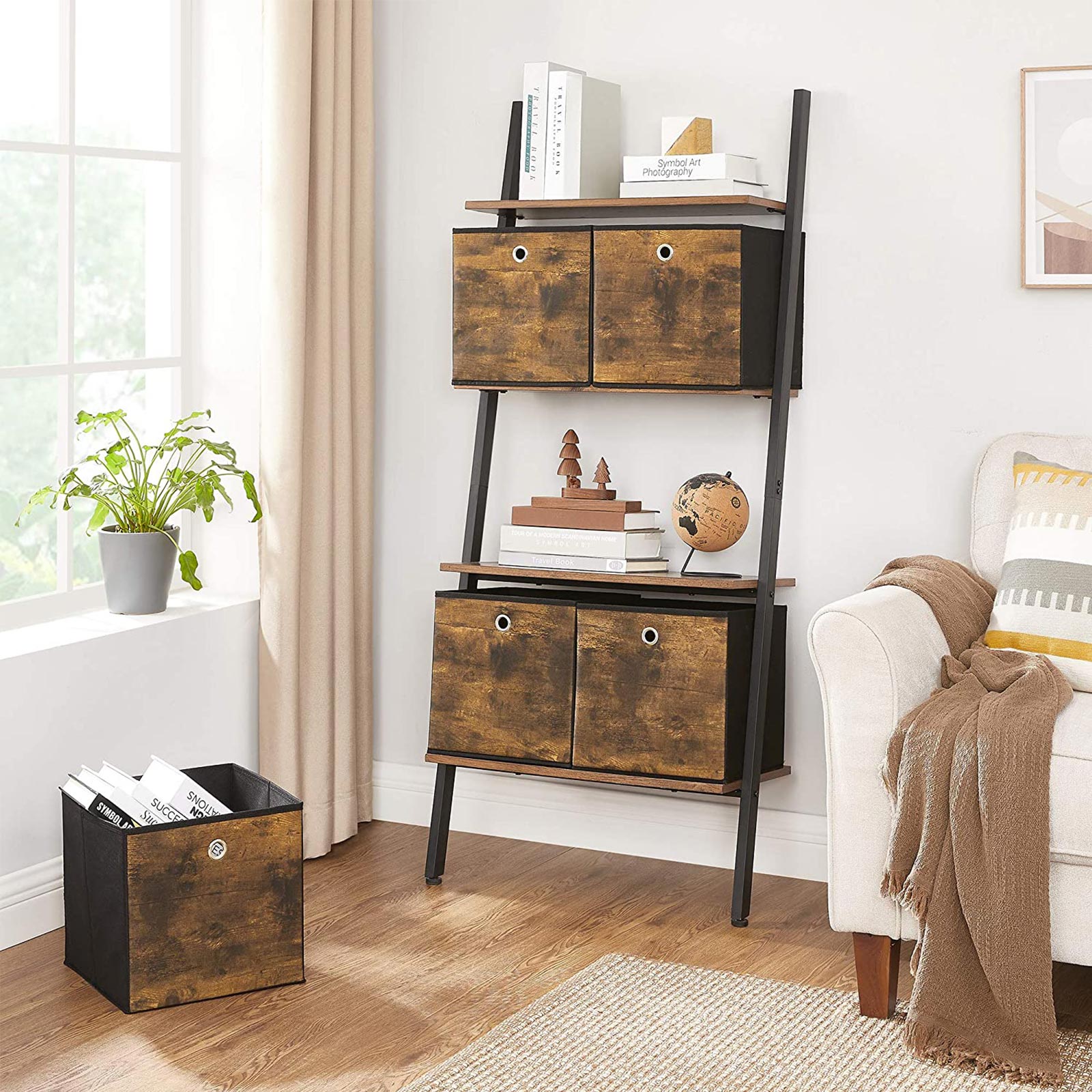 Vikbara förvaringslådor, uppsättning med 6 förvaringskuber, klädförvaring, leksakshinkar, med fiberduk, Oxford-tyg, 30 x 30 x 30 cm, rustikt brun och svart RFB102B01 - Bild 2