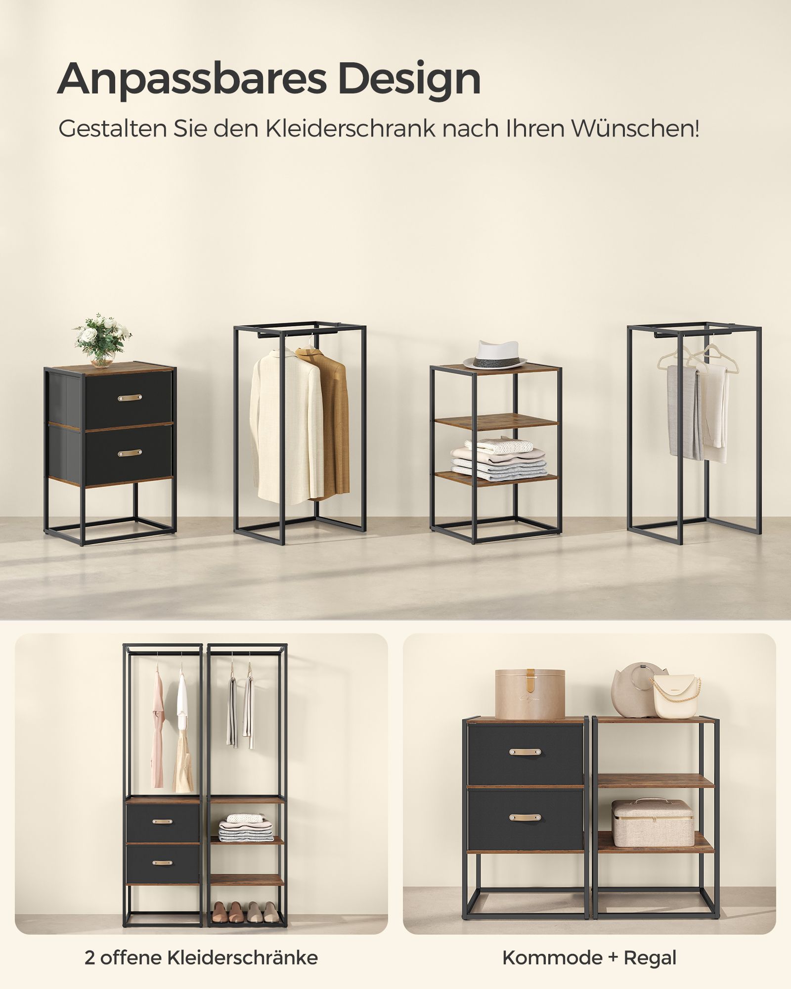 Klädhängare med 2 lådor och 4 hyllplan vintage brun - Bild 4