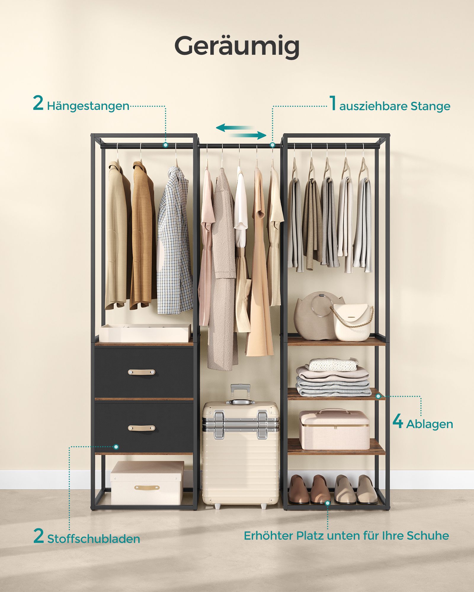 Klädhängare med 2 lådor och 4 hyllplan vintage brun - Bild 5