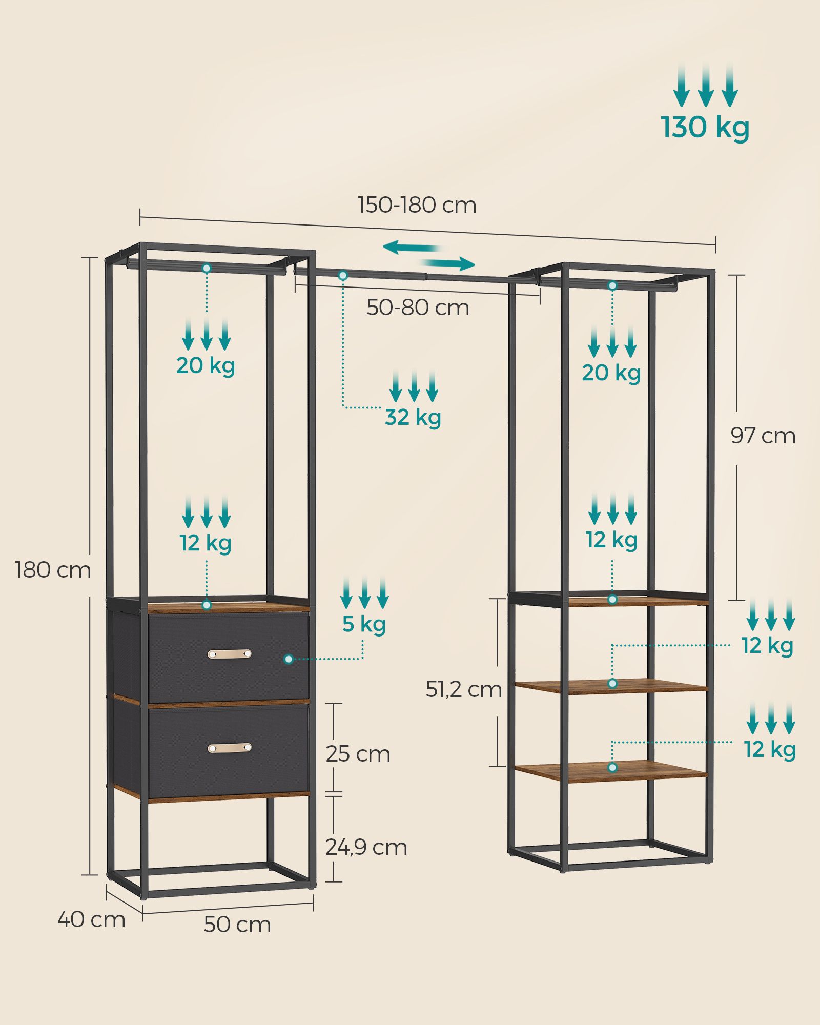 Klädhängare med 2 lådor och 4 hyllplan vintage brun - Bild 6