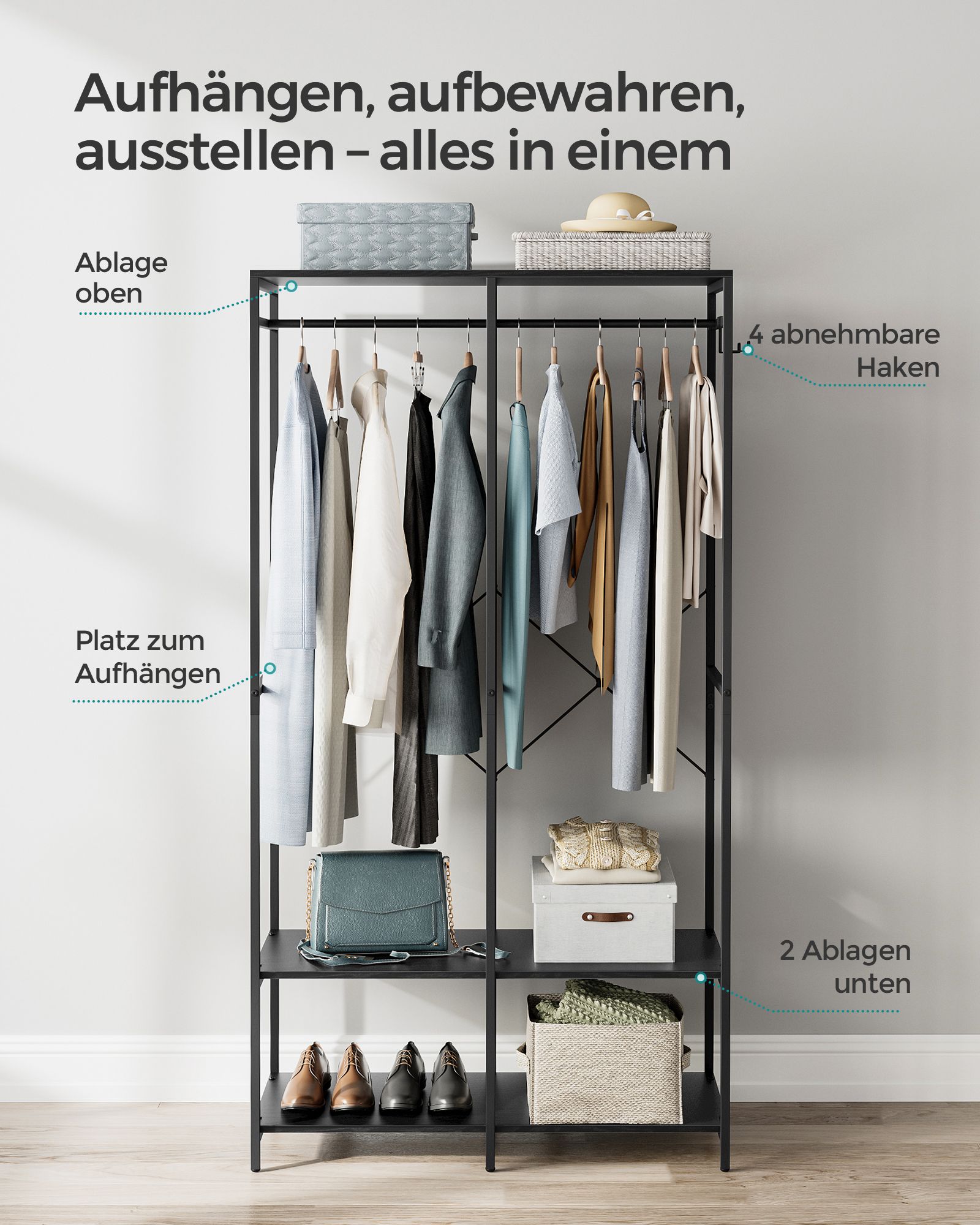 Wardrobe open with clothes rail ebony black - Image 4