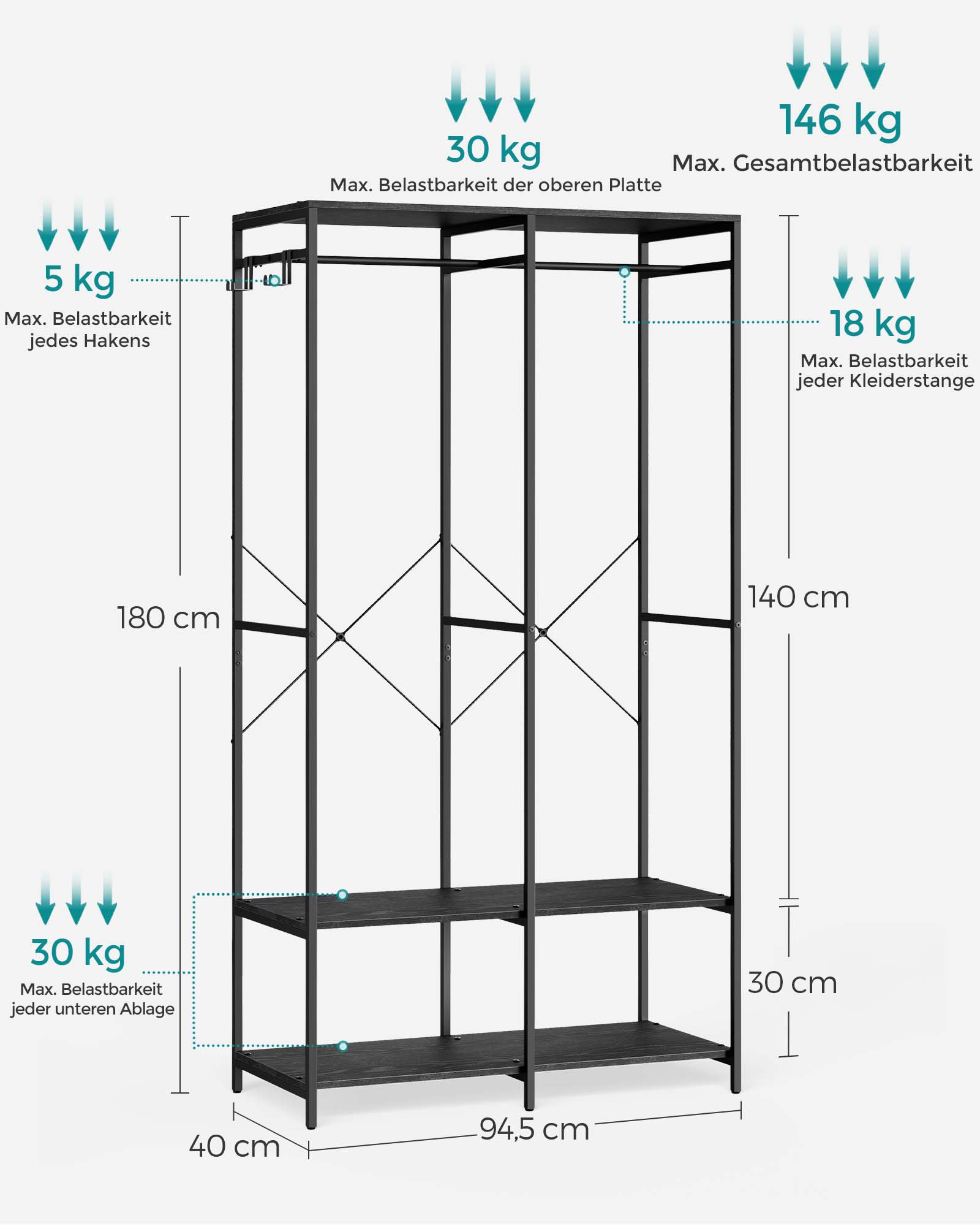 Wardrobe open with clothes rail ebony black - Image 6