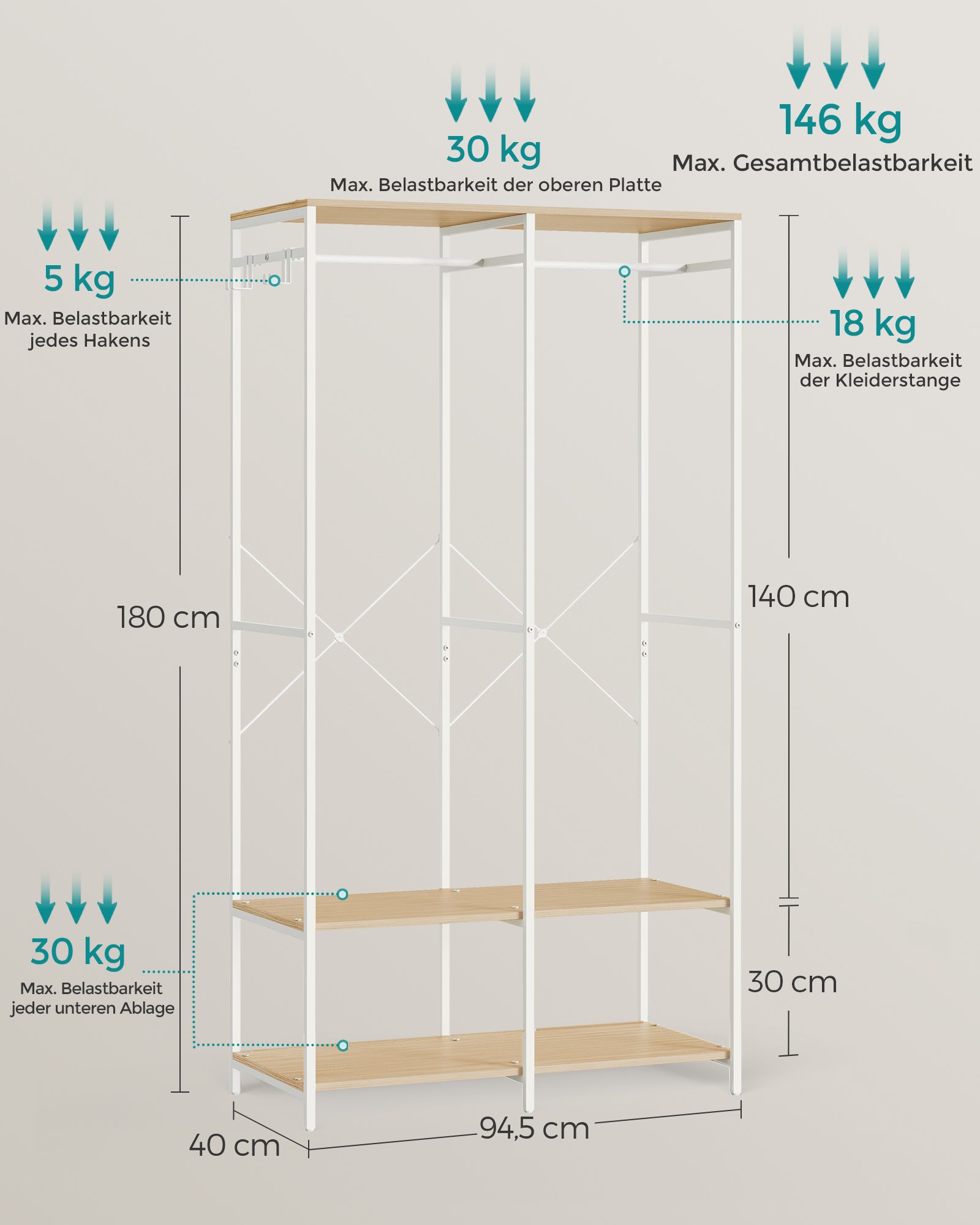 Bärbar klädgarderob, hopfällbar garderob, klädställning fristående, garderobsarrangör, med hängstänger, förvaringshyllor, löstagbara krokar, 40 x 94,5 x 180 cm, Natural Beige - Bild 6