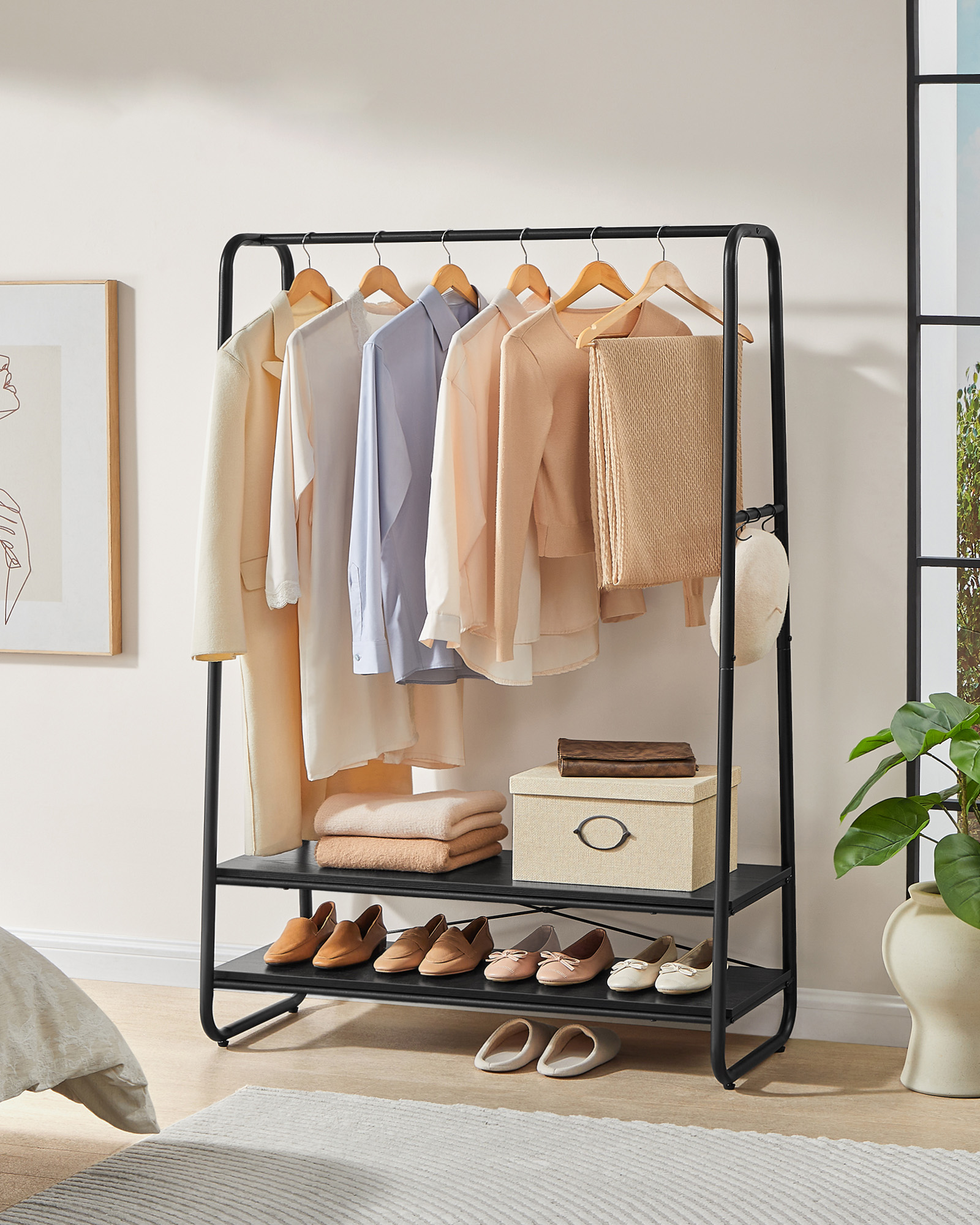 Garment Rack, Coat Rack, Wardrobe, Cloakroom, with 2 Shelves, 6 S-Shaped Hooks, Steel Frame, for Bedroom, Wood Black and Matte Black - Image 2