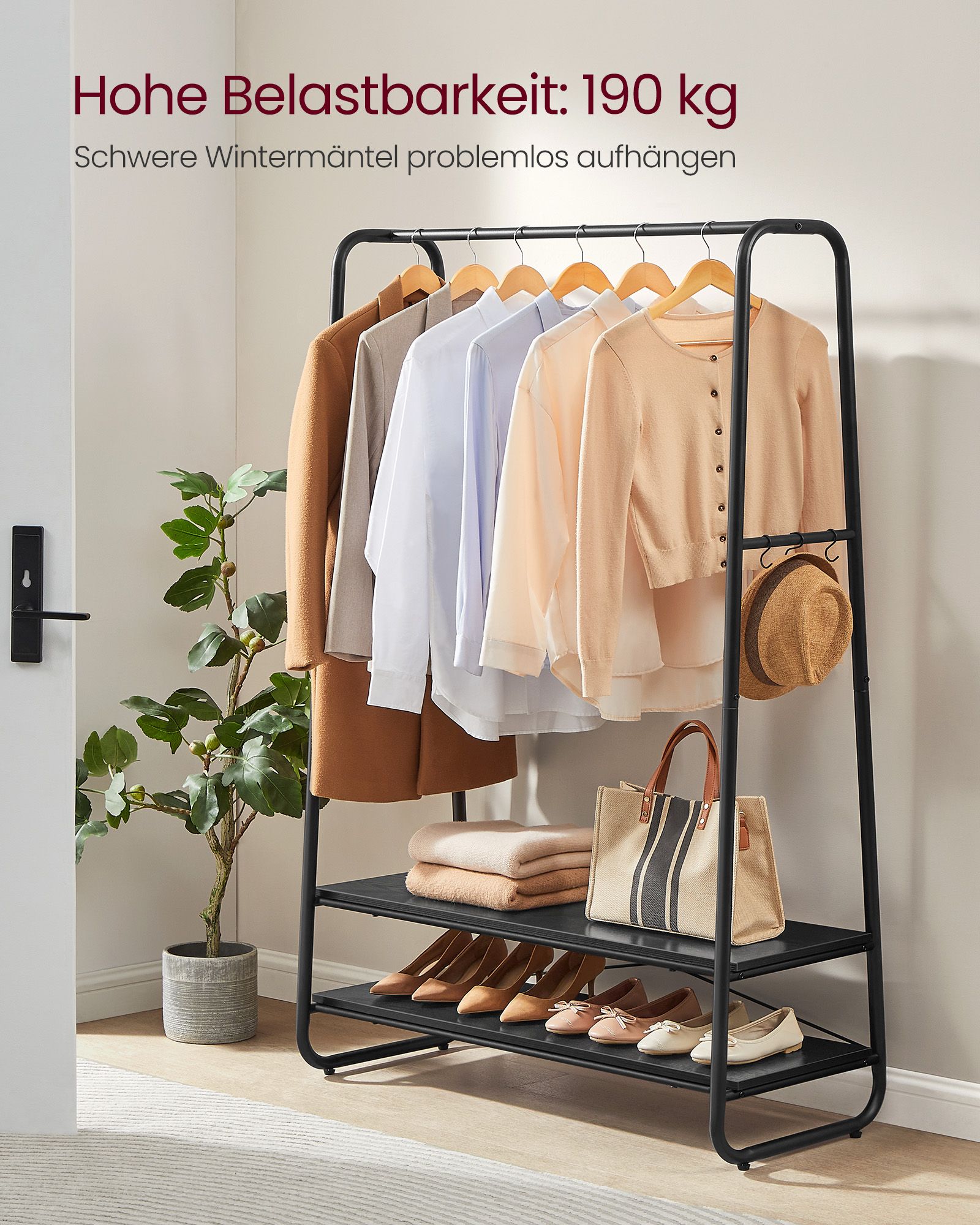 Garment Rack, Coat Rack, Wardrobe, Cloakroom, with 2 Shelves, 6 S-Shaped Hooks, Steel Frame, for Bedroom, Wood Black and Matte Black - Image 3