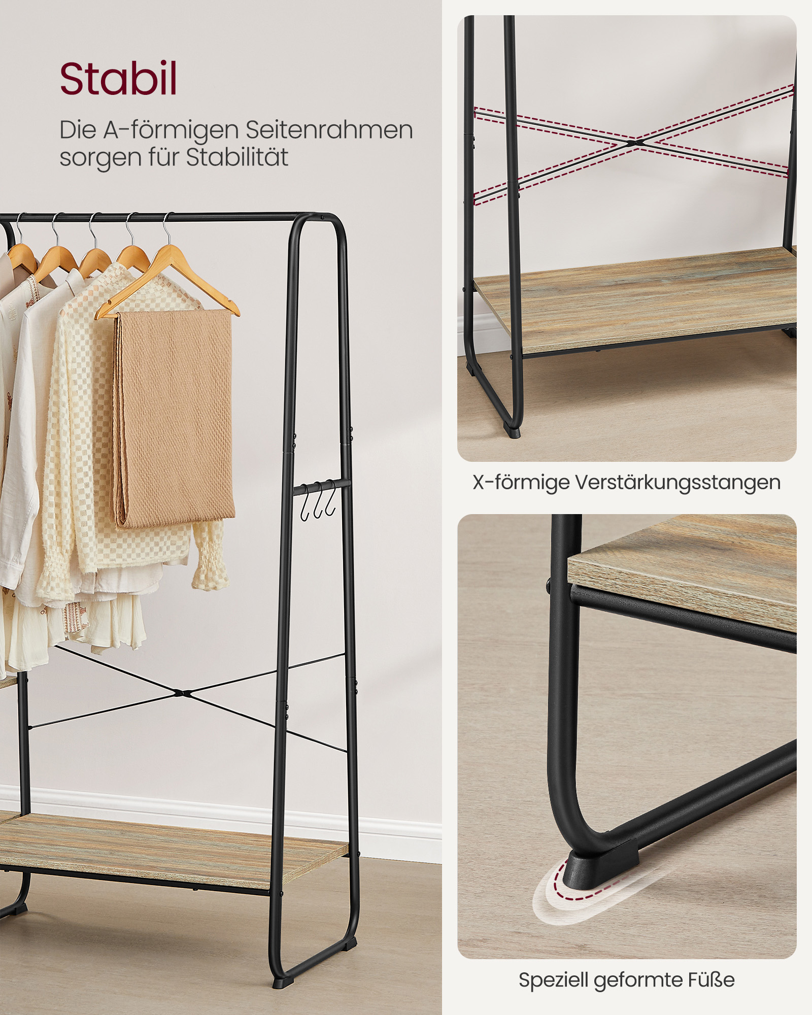 RGR116K01 Tøjstativ, 45 x 120 x 160 cm, knagerække, skostativ, åbent garderobeskab, 6 aftagelige kroge, soveværelsesgang, turkis brun mat sort - Billede 3