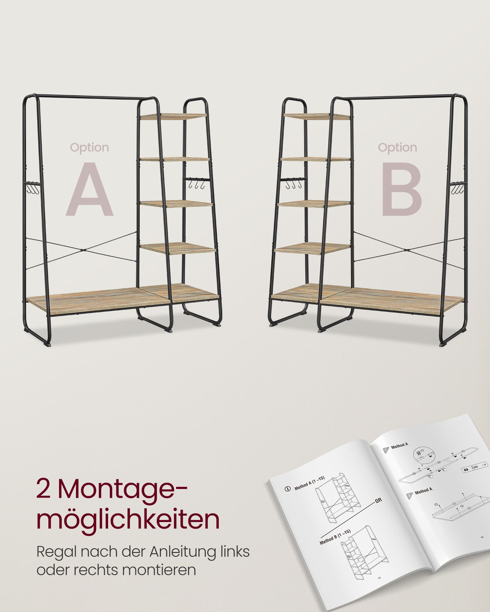 RGR116K01 Tøjstativ, 45 x 120 x 160 cm, knagerække, skostativ, åbent garderobeskab, 6 aftagelige kroge, soveværelsesgang, turkis brun mat sort - Billede 5