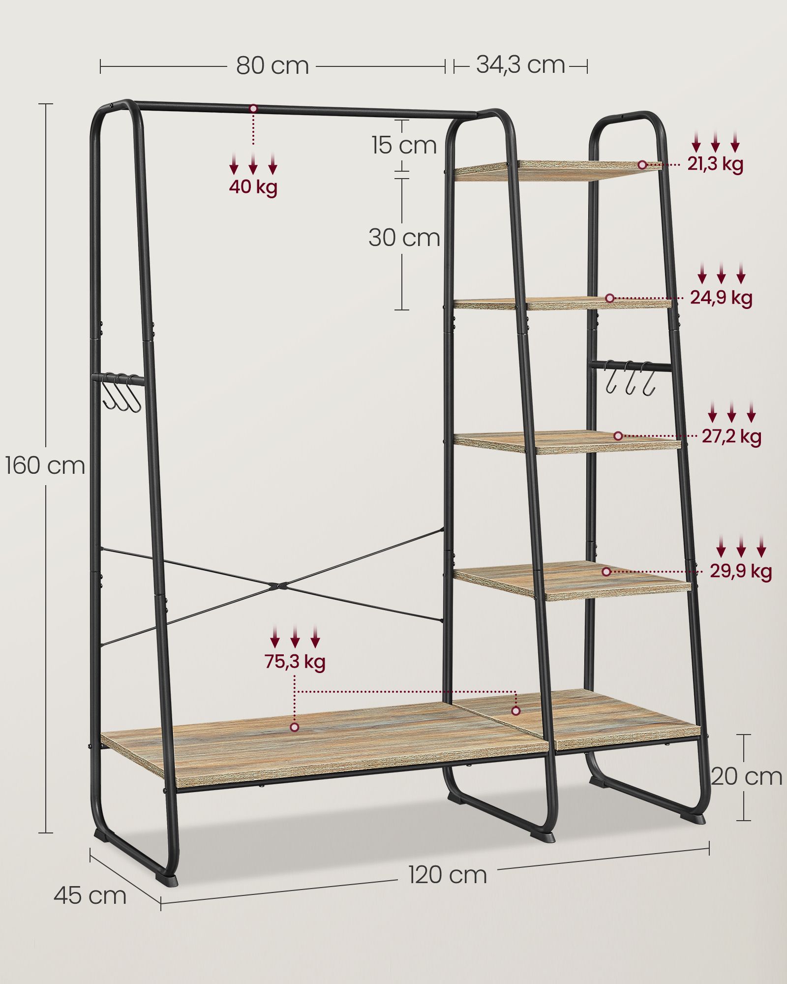 RGR116K01 Tøjstativ, 45 x 120 x 160 cm, knagerække, skostativ, åbent garderobeskab, 6 aftagelige kroge, soveværelsesgang, turkis brun mat sort - Billede 6