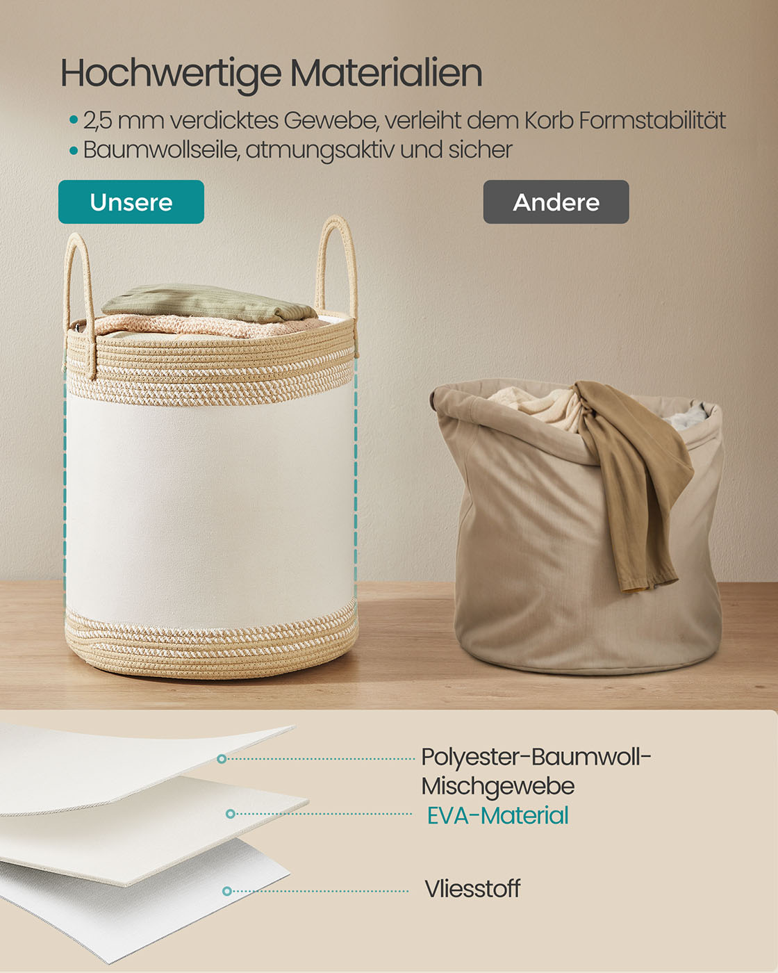 Vasketøjskurv 60 L med låg og hank 41 x 41 x 46 cm camelbrun - Billede 3