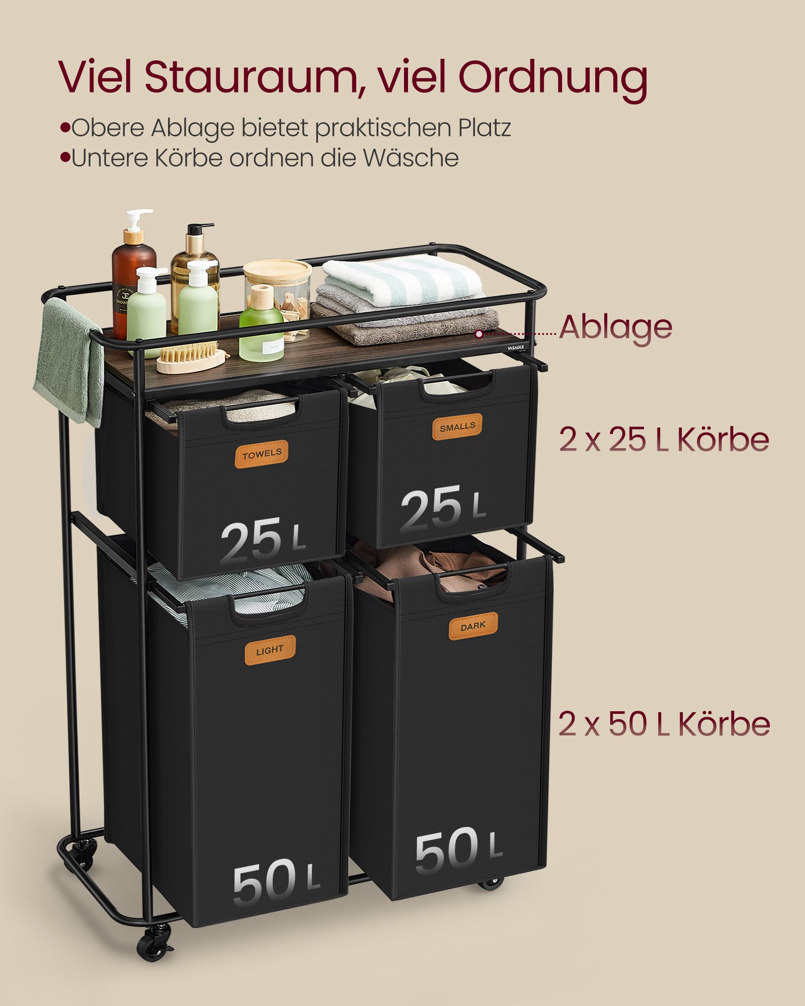 Laundry sorter with wheels and 4 removable pockets - Image 3