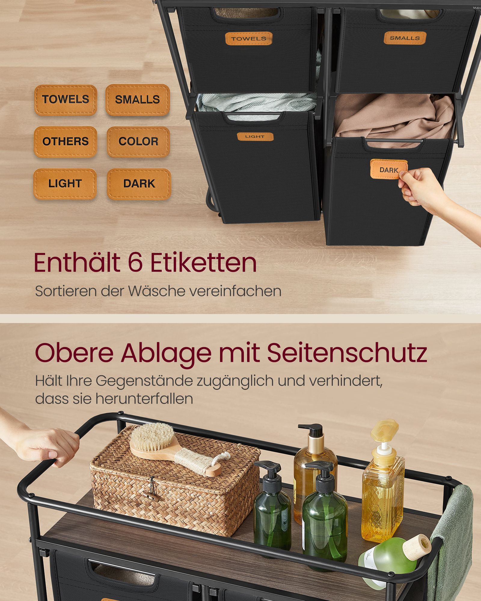 Laundry sorter with wheels and 4 removable pockets - Image 4
