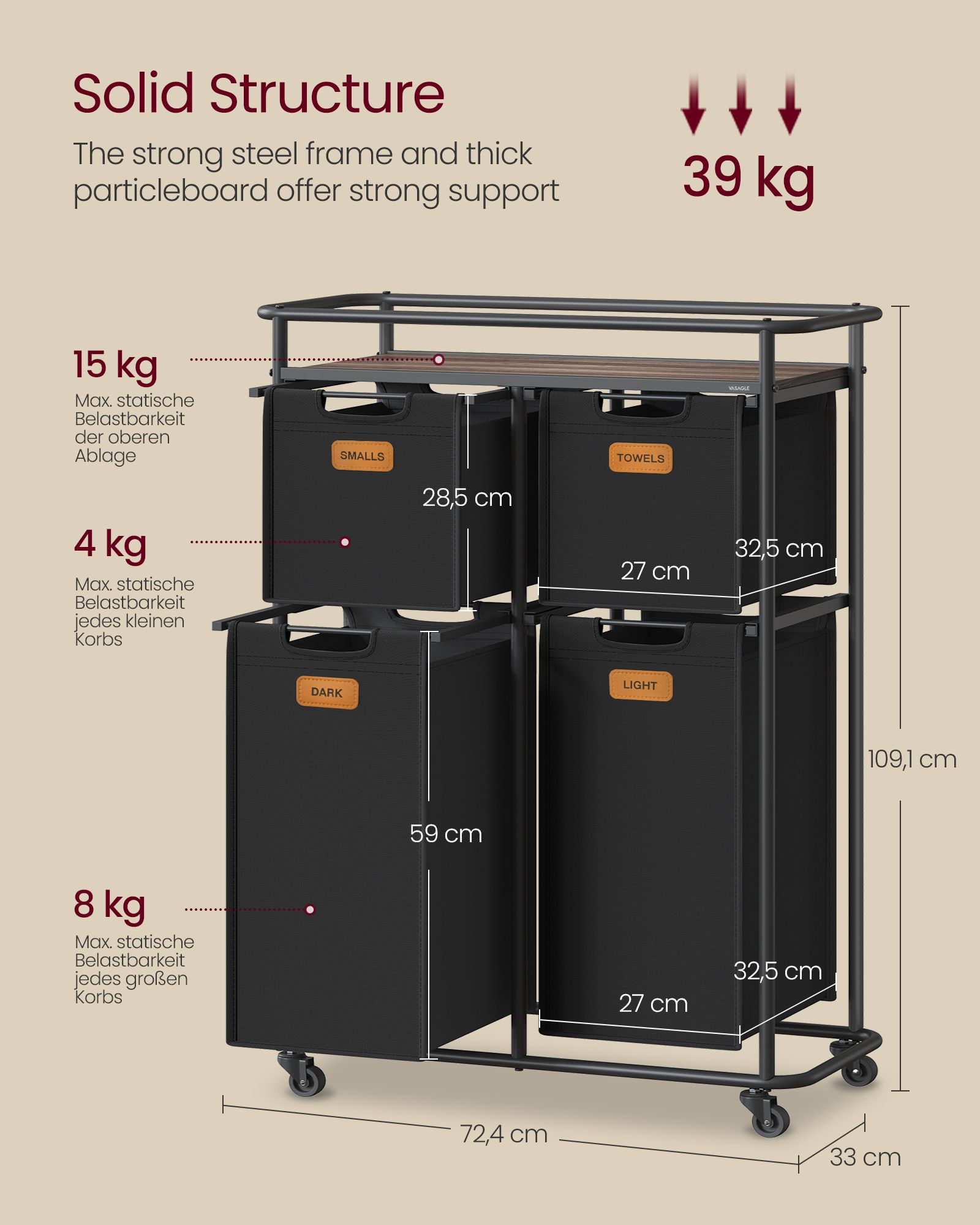 Laundry sorter with wheels and 4 removable pockets - Image 5