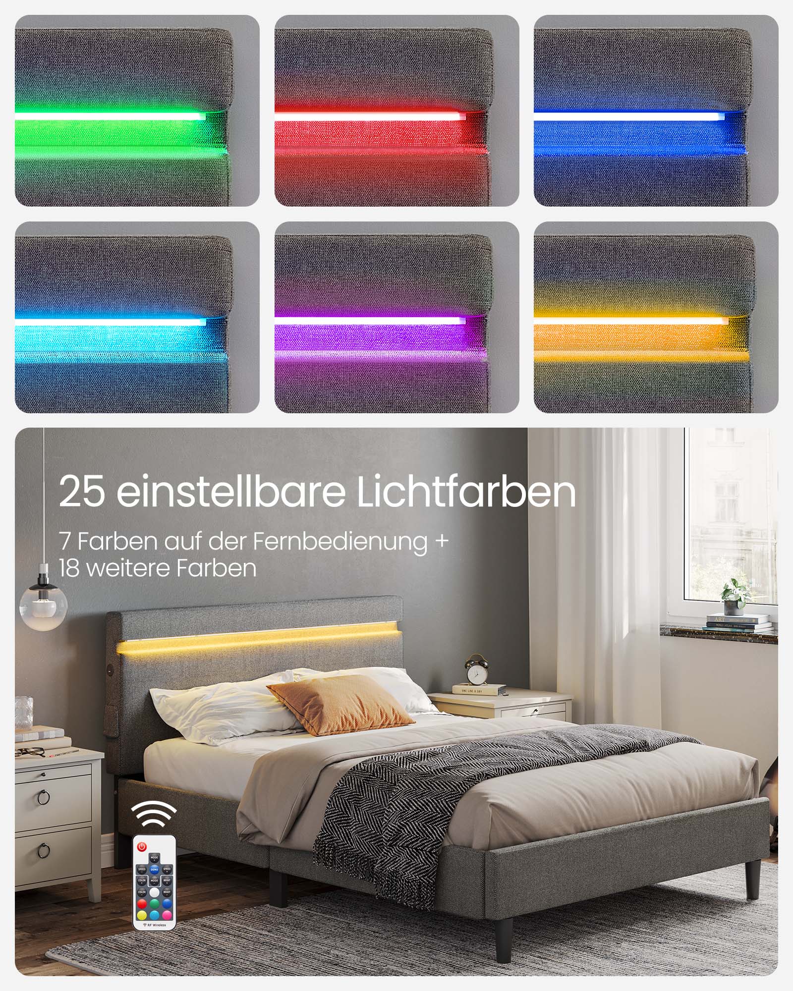 Dubbelsäng i metall 140 x 190 cm LED-belysning mörkgrå - Bild 3