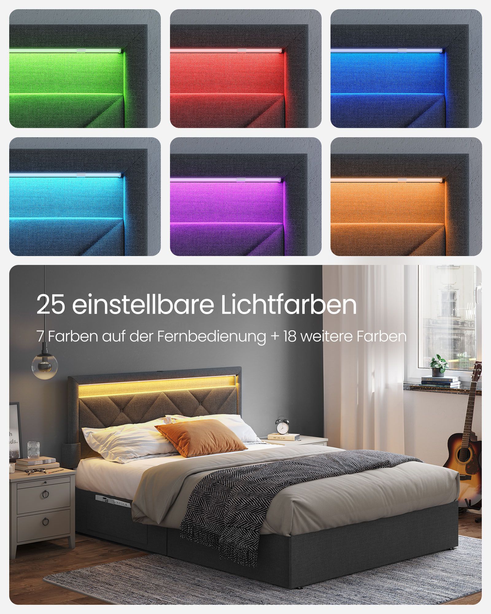 Bed 140 x 200 cm with charging station slate grey matt black - Image 2