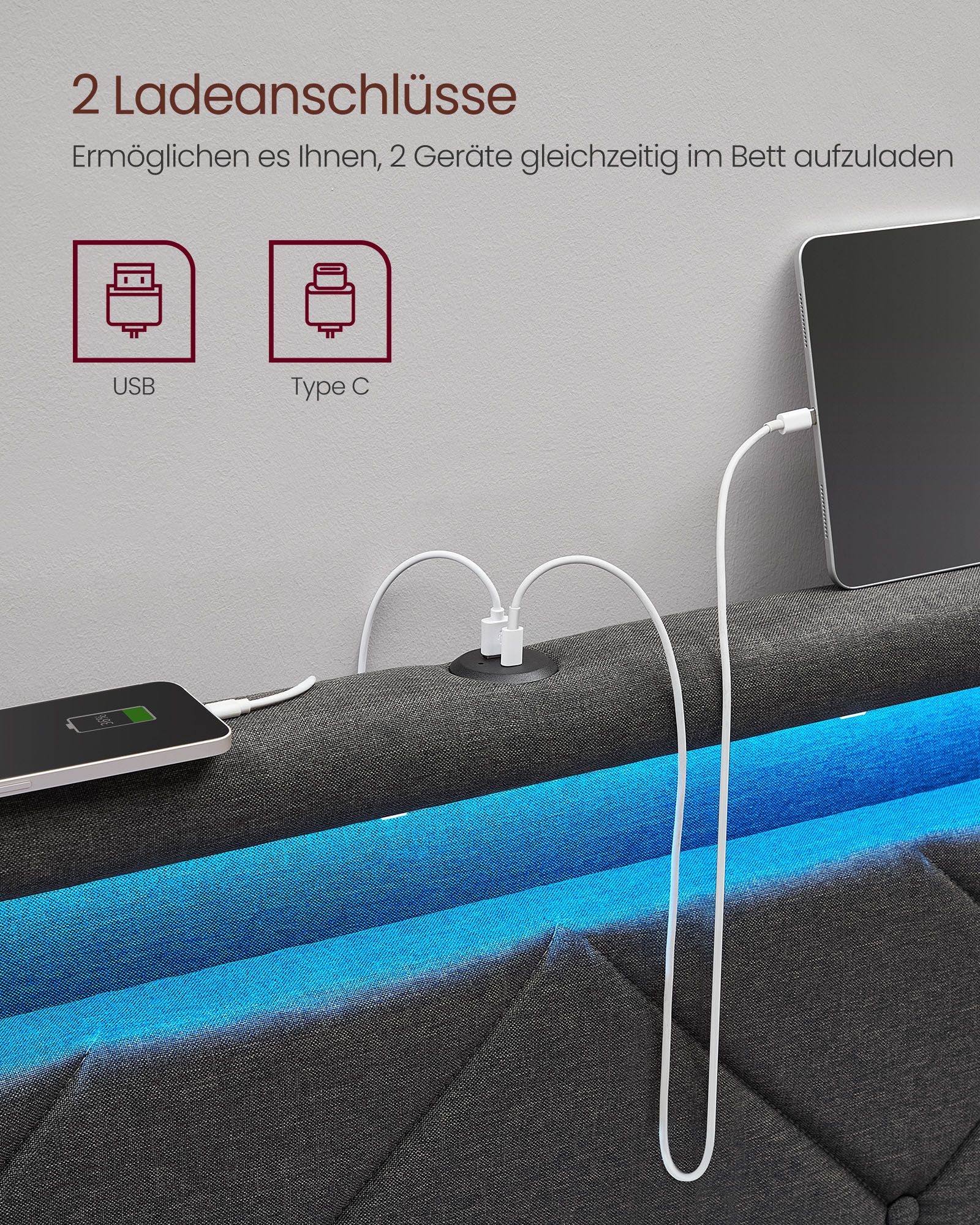 Bed 140 x 200 cm with charging station slate grey matt black - Image 3