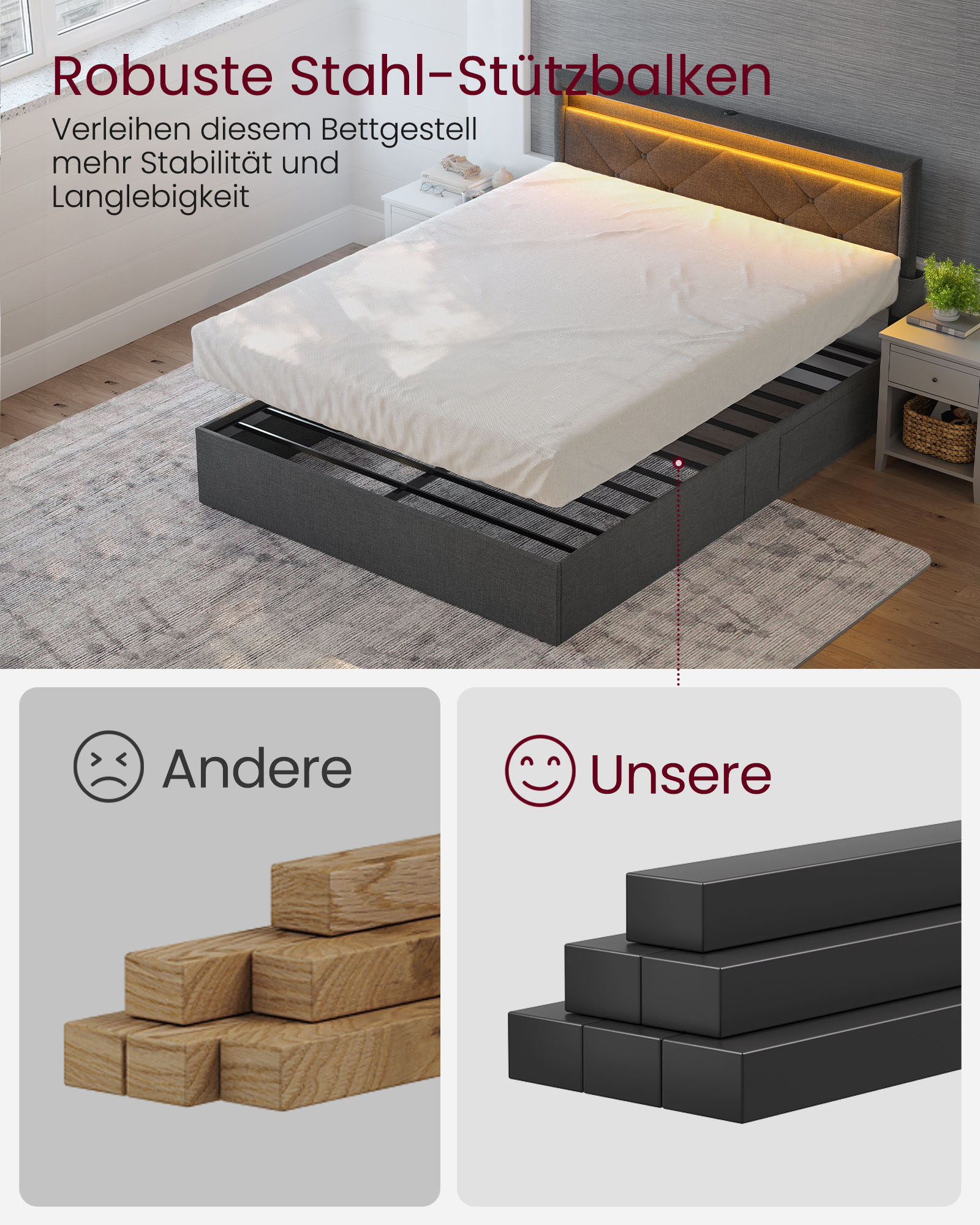 Bed 140 x 200 cm with charging station slate grey matt black - Image 5
