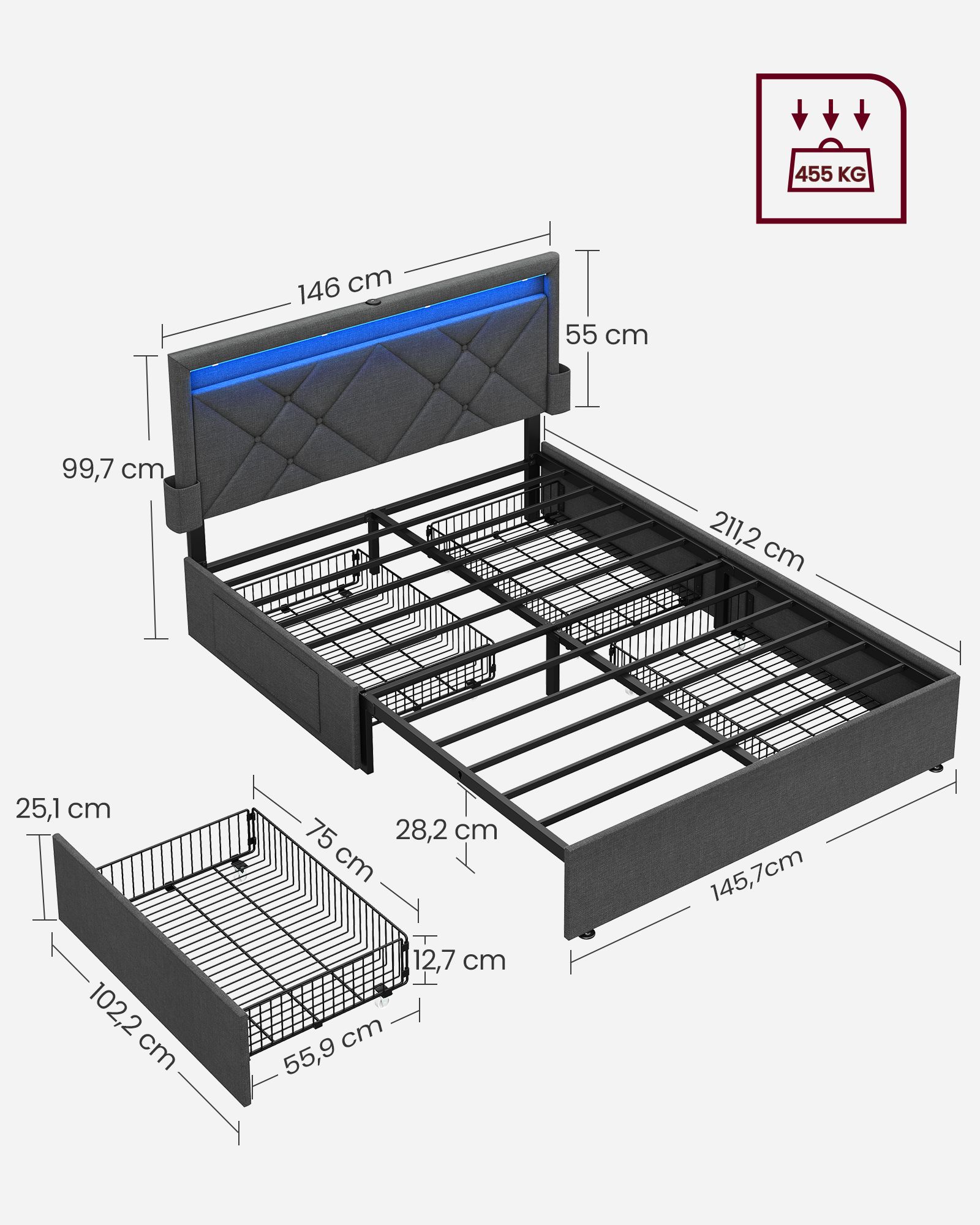 Bed 140 x 200 cm with charging station slate grey matt black - Image 6