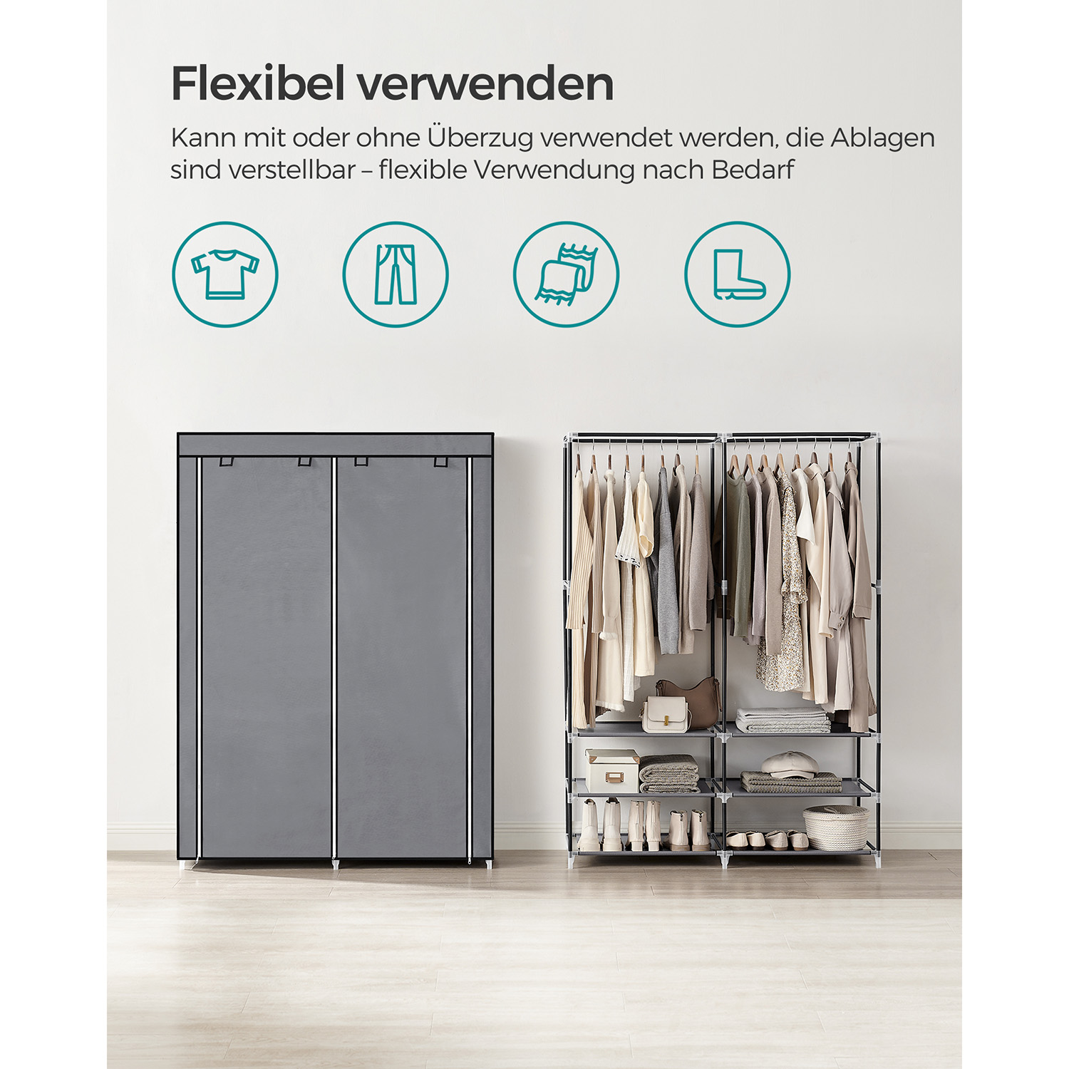 Fabric wardrobe with 2 clothes rails and 4 side pockets - Image 4