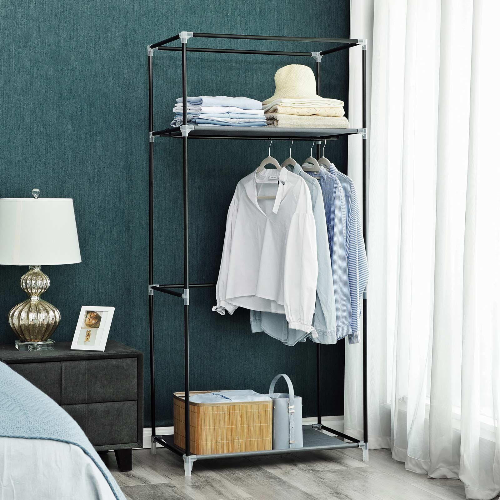 Stoffet garderobe, foldbart skab med bøjlestang, enkelt tøjstativ, opbevaringsorganizer til tasker, legetøj, sko, stue, soveværelse, garderobe, 75 x 45 x 160 cm, grå - Billede 2