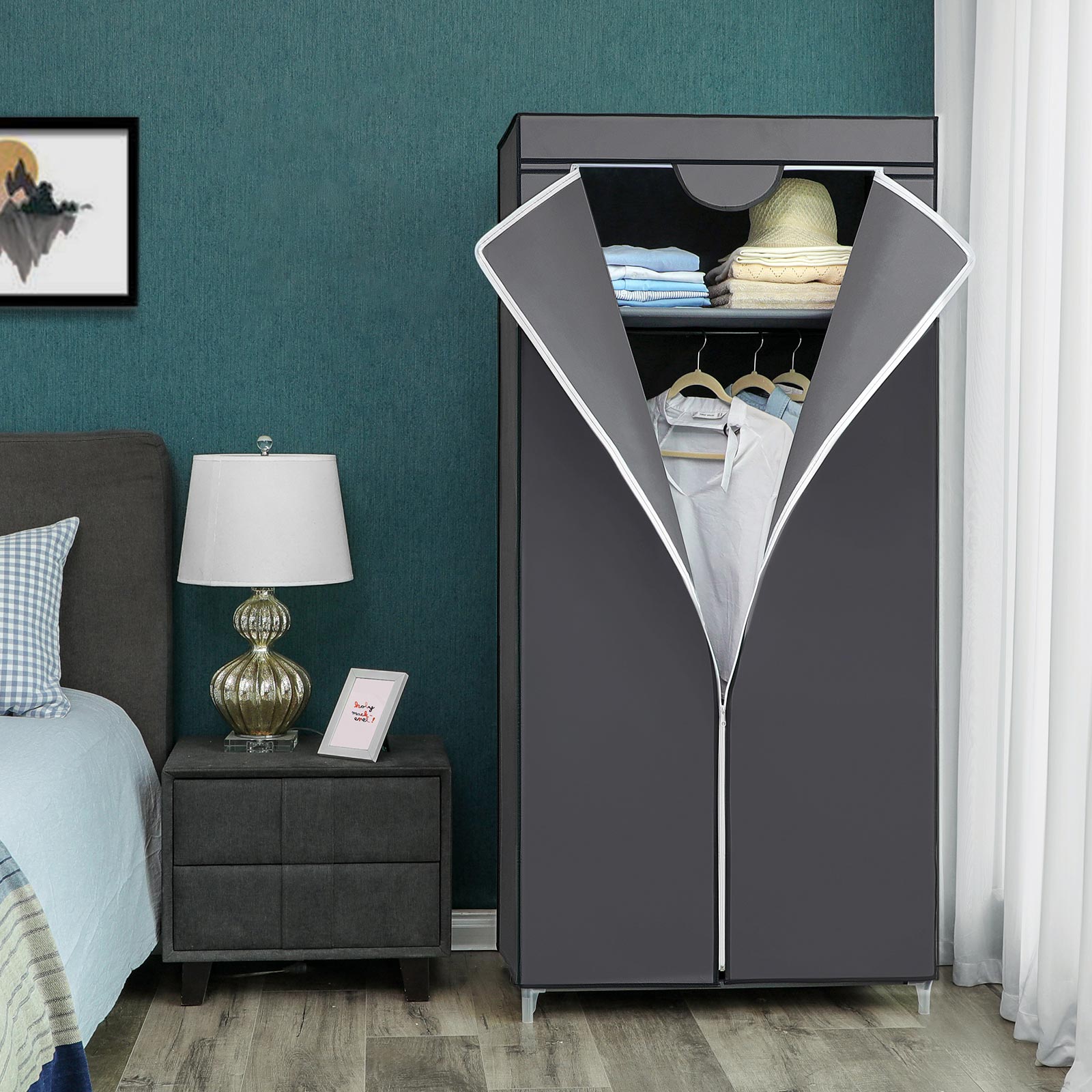 Stoffet garderobe, foldbart skab med bøjlestang, enkelt tøjstativ, opbevaringsorganizer til tasker, legetøj, sko, stue, soveværelse, garderobe, 75 x 45 x 160 cm, grå - Billede 3