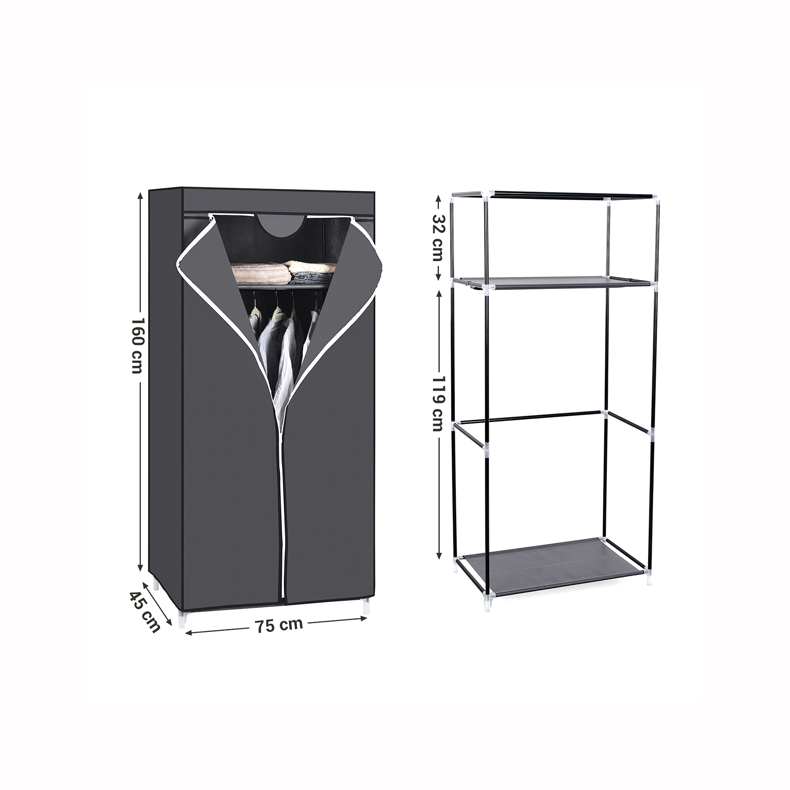 Stoffet garderobe, foldbart skab med bøjlestang, enkelt tøjstativ, opbevaringsorganizer til tasker, legetøj, sko, stue, soveværelse, garderobe, 75 x 45 x 160 cm, grå - Billede 6