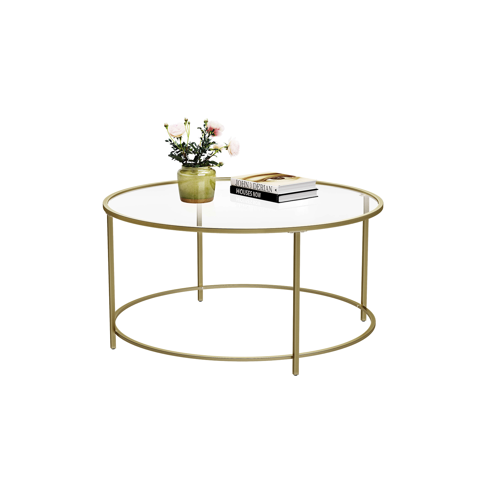 Round Coffee Table, Glass Table with Steel Frame, Living Room Table, Sofa Table, Tempered Glass, Gold LGT21G - Image 2