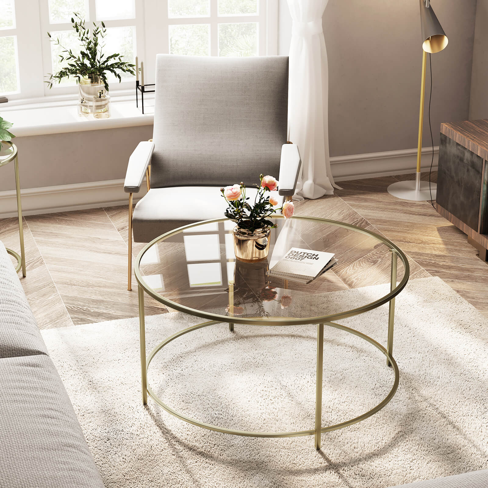 Round Coffee Table, Glass Table with Steel Frame, Living Room Table, Sofa Table, Tempered Glass, Gold LGT21G - Image 3
