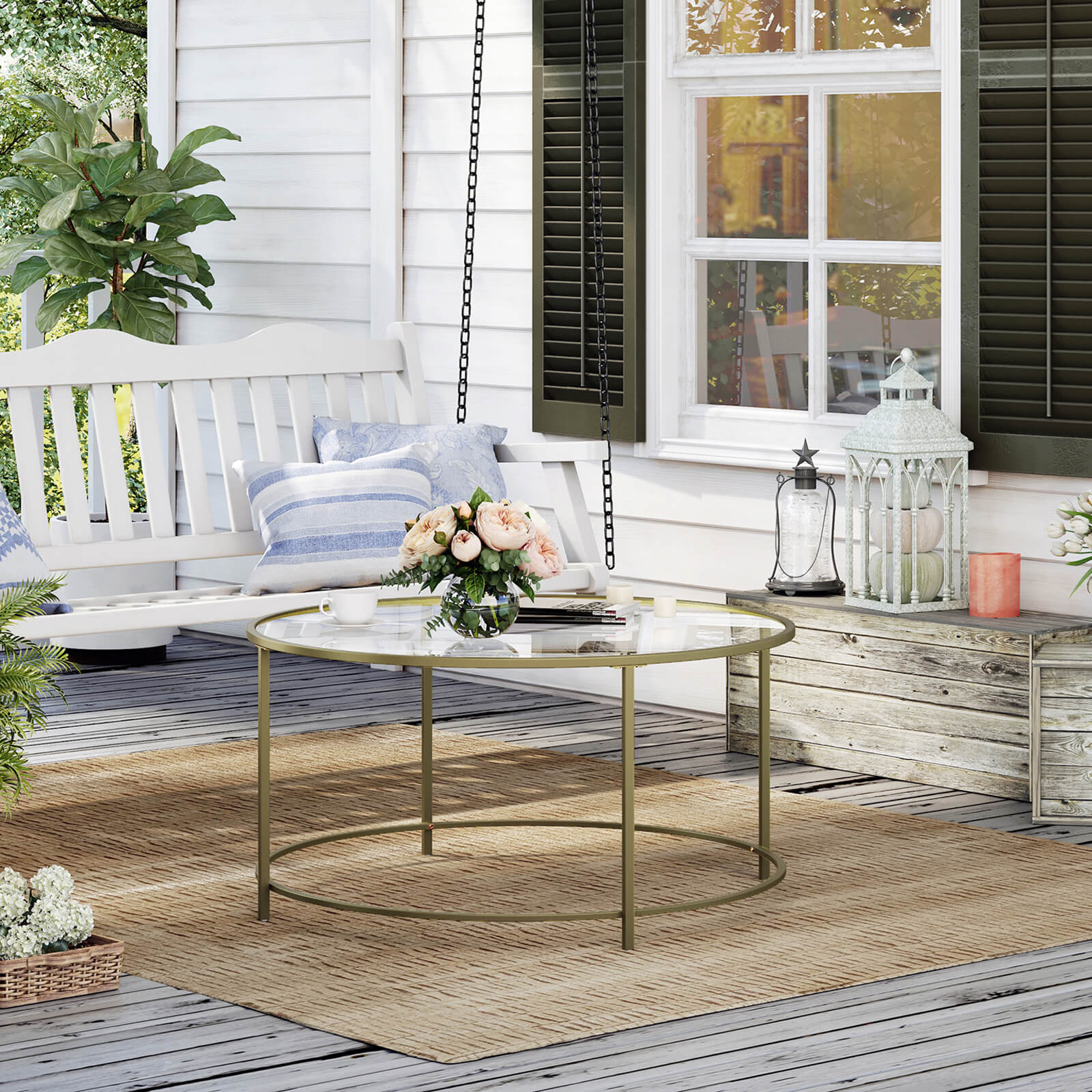 Round Coffee Table, Glass Table with Steel Frame, Living Room Table, Sofa Table, Tempered Glass, Gold LGT21G - Image 4