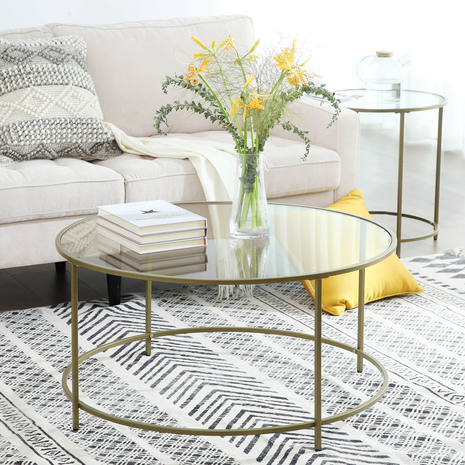 Round Coffee Table, Glass Table with Steel Frame, Living Room Table, Sofa Table, Tempered Glass, Gold LGT21G - Image 5