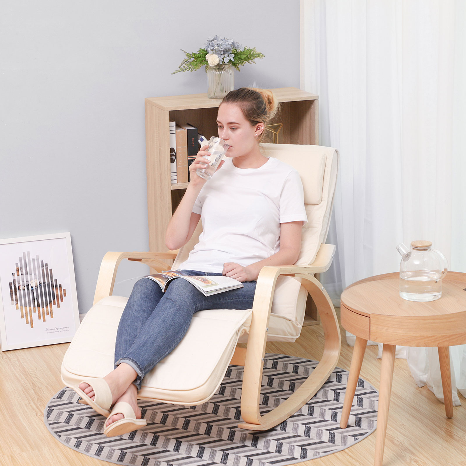 Sunlounger Relaxing Rocking Chair with Adjustable Footrest Max Load: 150 kg Beige LYY10M - Billede 4