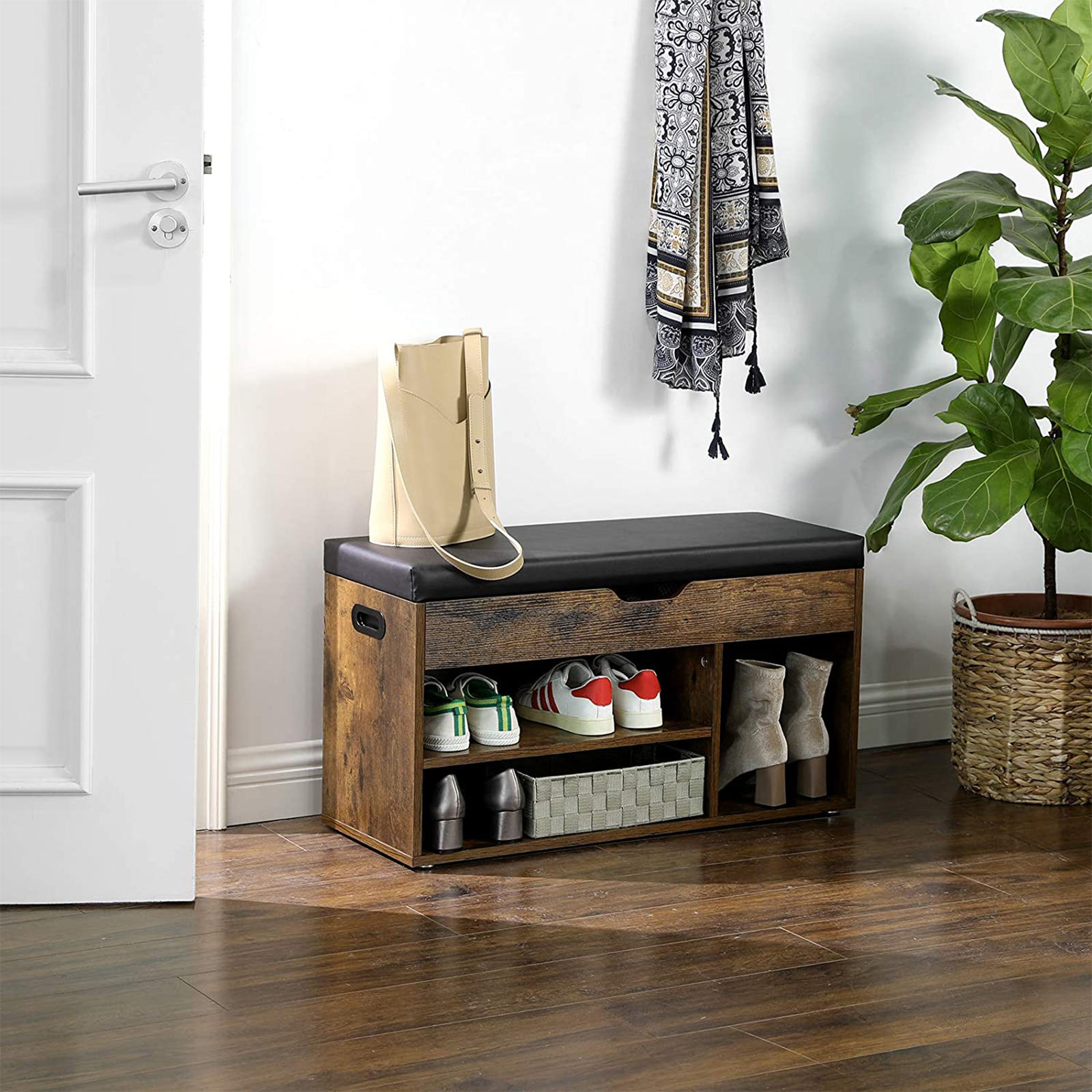 Shoe Bench with Cushion, Storage Bench with Padded Seat, 3 Compartments, Hidden Storage, Shelves, Living Room Lounge Hallway Bedroom, Load Capacity 150 kg, Rustic Brown LHS30BX - Image 4