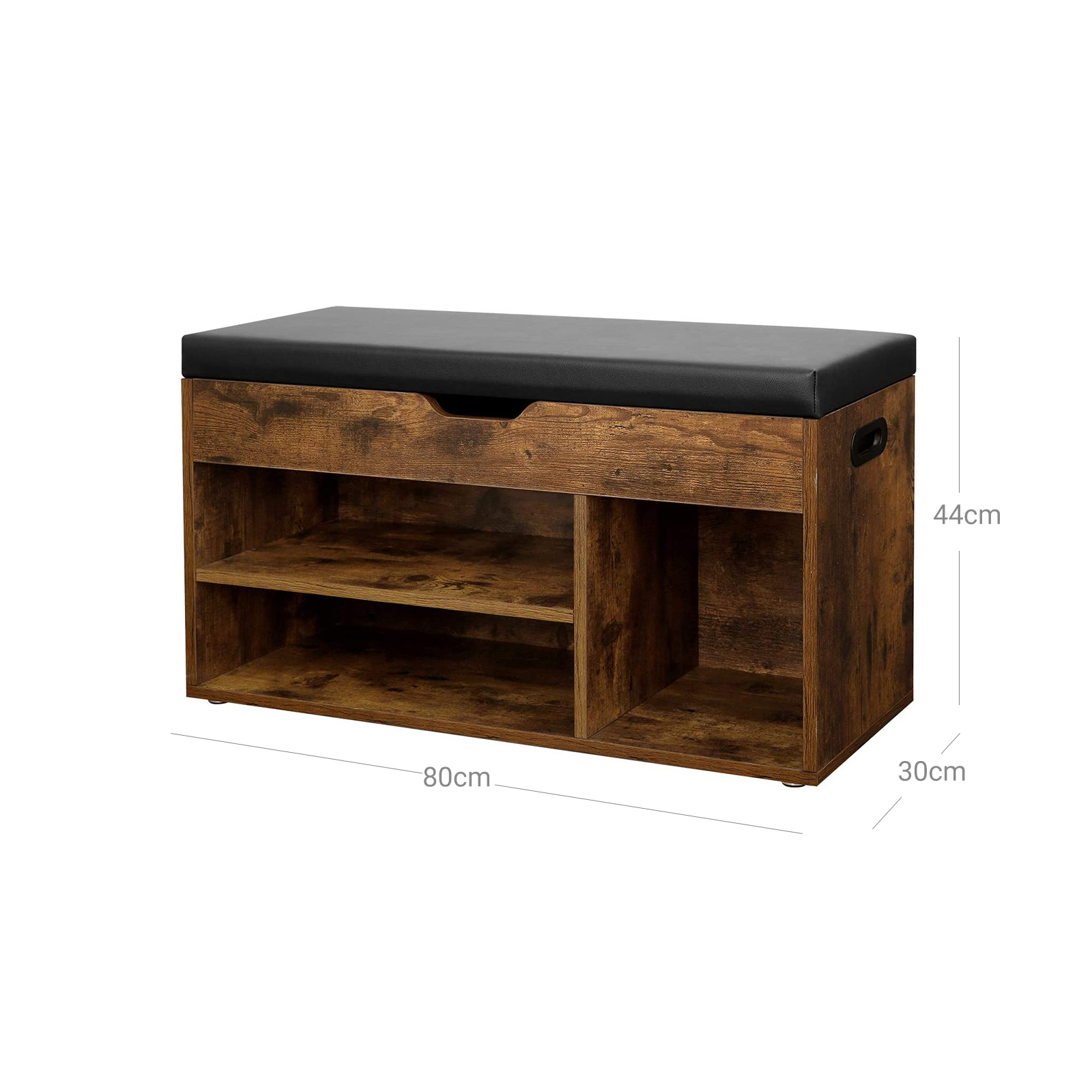 Shoe Bench with Cushion, Storage Bench with Padded Seat, 3 Compartments, Hidden Storage, Shelves, Living Room Lounge Hallway Bedroom, Load Capacity 150 kg, Rustic Brown LHS30BX - Image 6