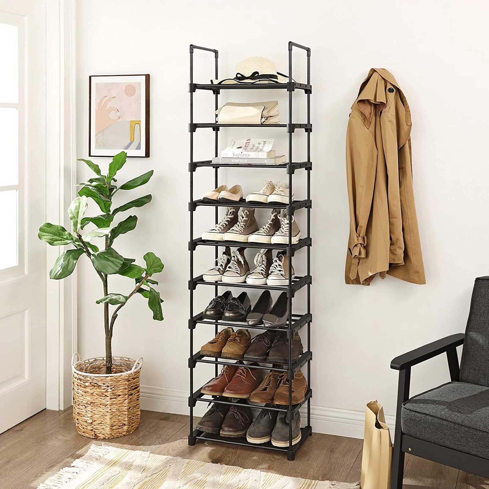 Shoe Rack, 10-Tier Metal Shoe Storage Organiser, Customisable Design, Metal Frame, Space-Saving Rack, for Dressing Room, Hallway, 30 x 45 x 174 cm, Black LSA25BK - Image 2
