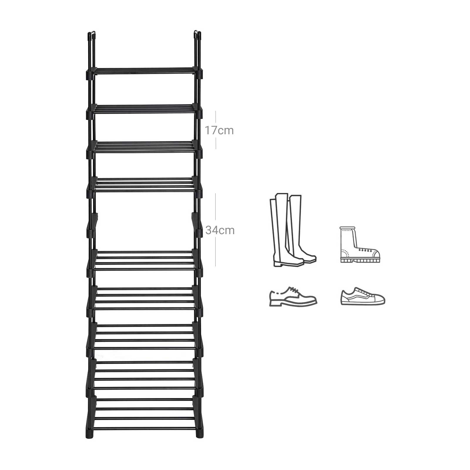 Shoe Rack, 10-Tier Metal Shoe Storage Organiser, Customisable Design, Metal Frame, Space-Saving Rack, for Dressing Room, Hallway, 30 x 45 x 174 cm, Black LSA25BK - Image 6