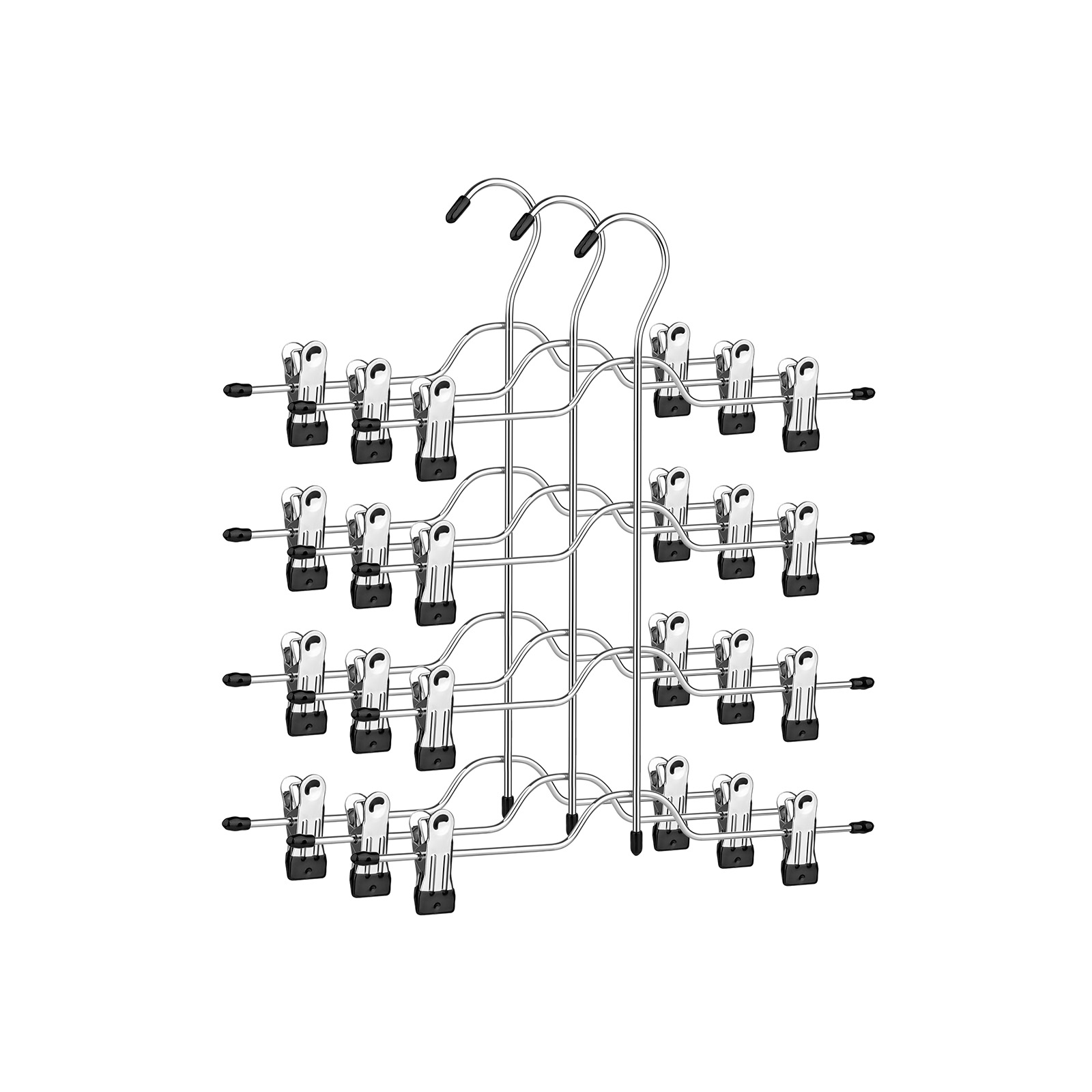 Byxkjolhängare med clips, uppsättning med 3 utrymmesbesparande byxhängare i metall i 4 våningar, med 8 justerbara halkfria clips, för byxor, jeans, handdukar, shorts, 32 cm, silver och svart